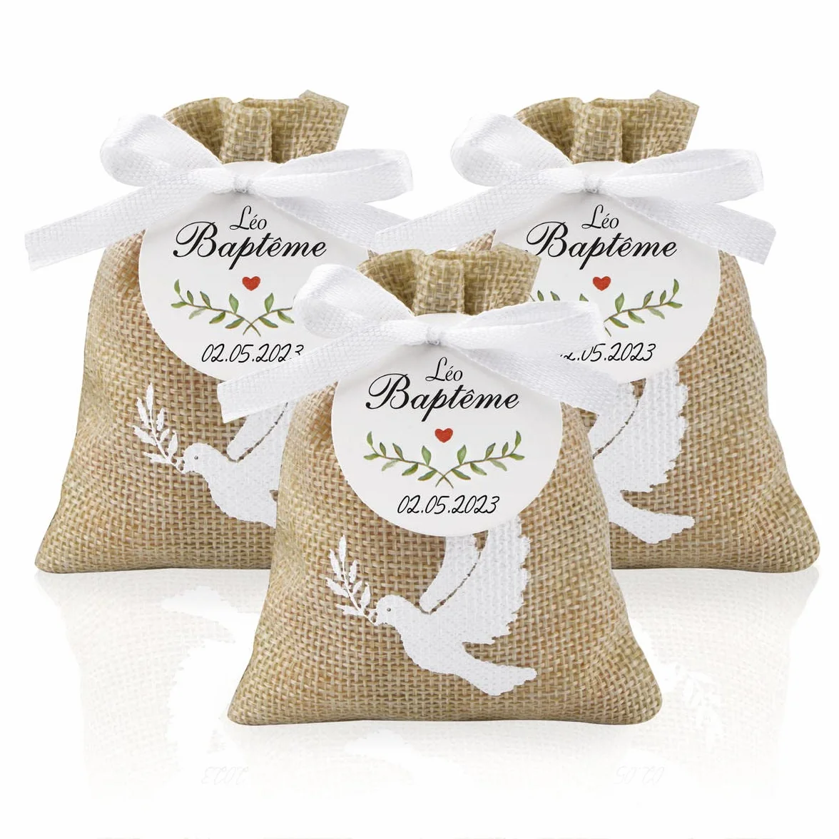 Sachet Jute Baptême Pochette Dragée Motif Colombe 10x8cm Cadeau Invité Décoration