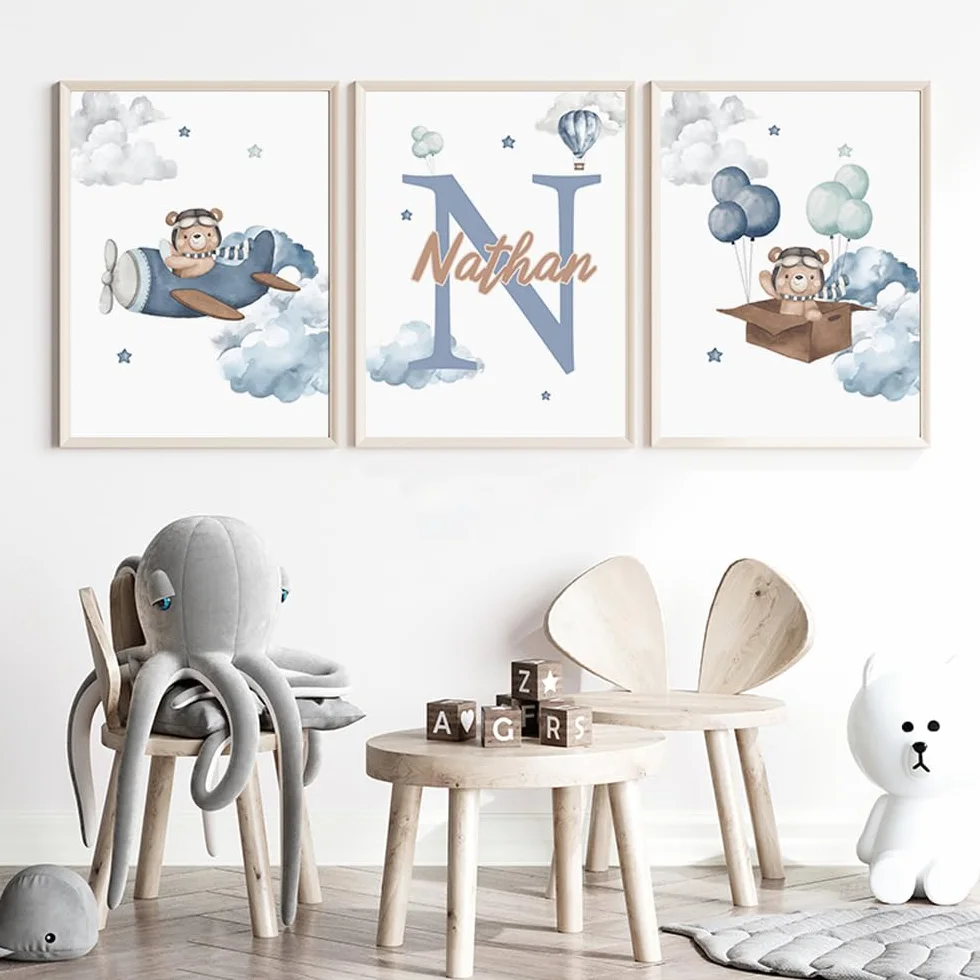 Affiche Chambre Bébé Nounours 30x40cm Poster Bleu Enfant Tableau Personnalisé Prénom Garçon Toile Décoration Ourson