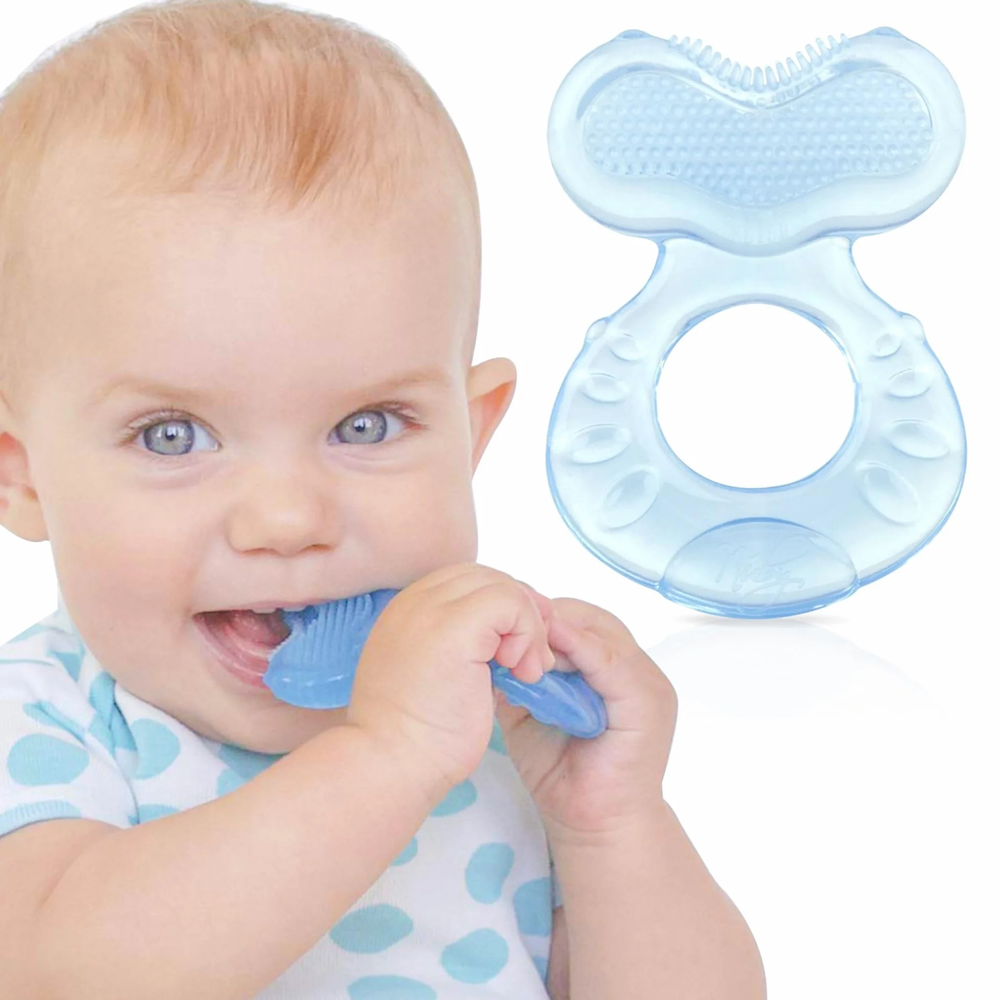 Nuby Teethe-eez anneau de dentition en silicone avec étui hygiénique Bleu 3+ Mois