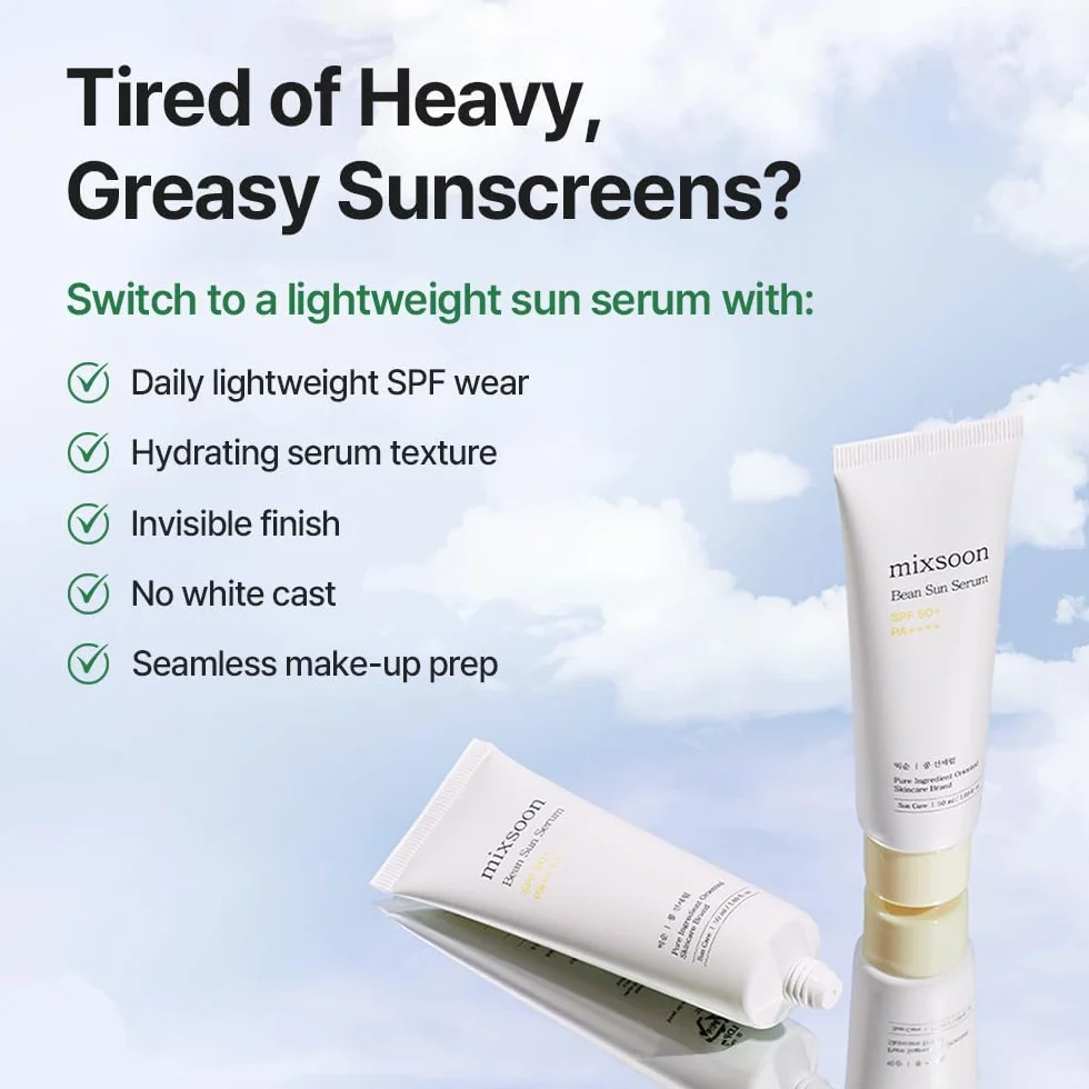 mixsoon Bean Sun Serum SPF 50+ PA++++, Sérum Solaire Coréen, Protection UV Hydratante, Niacinamide, Acide Hyaluronique & Soja Fermenté, 50ml