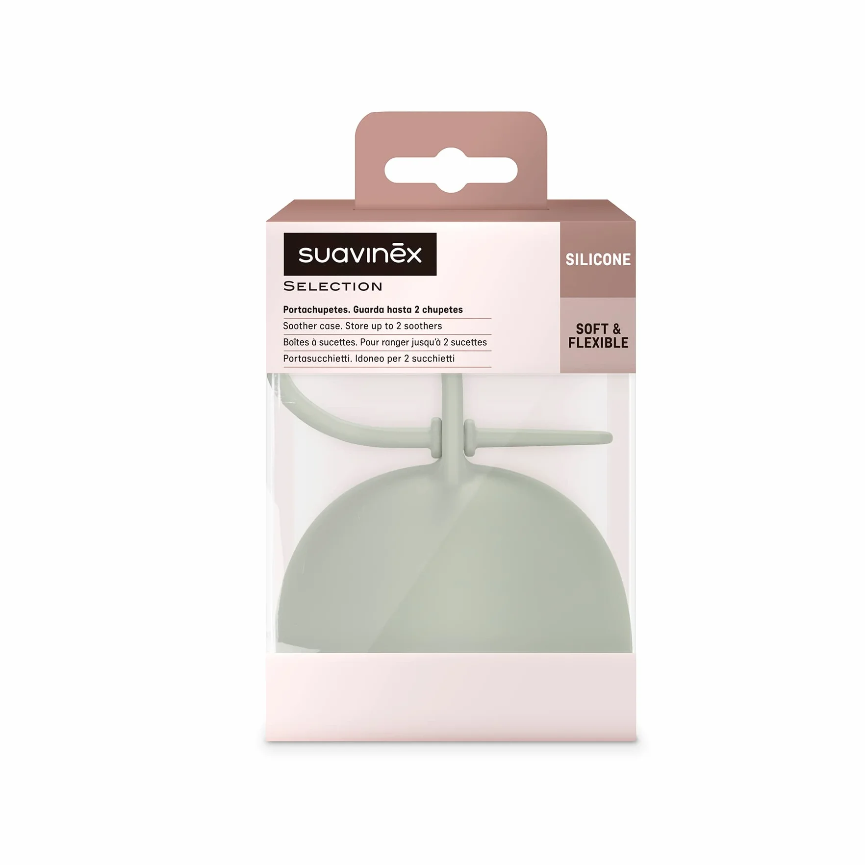 Suavinex Boîte à Sucettes Silicone Soft Flexible 2 Tétines Pochette Anse Flexible Vert
