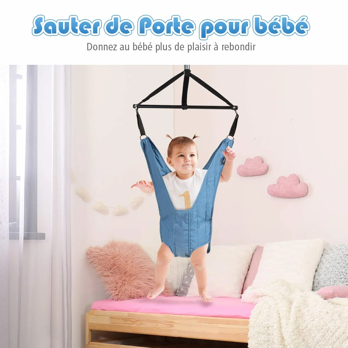 COSTWAY Siège Sauteur Suspendu Bébés 6-12 Mois Chaîne Réglable 29-93CM Tissu TC Tube Fer Charge Max. 12KG Bleu