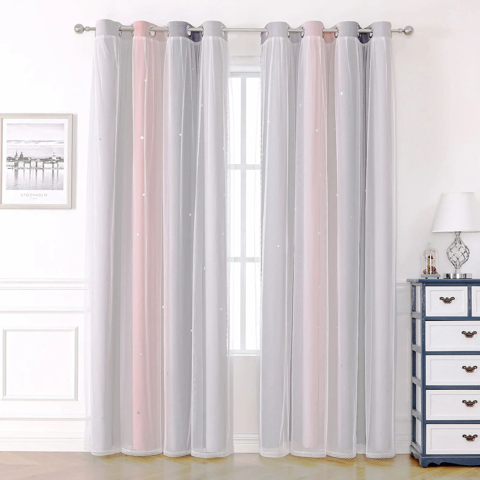 Rideaux Occultants Chambre Fille Double Couches Blanc Voilages Étoile Motif L132 H160 cm Rose Gris Lot de 2