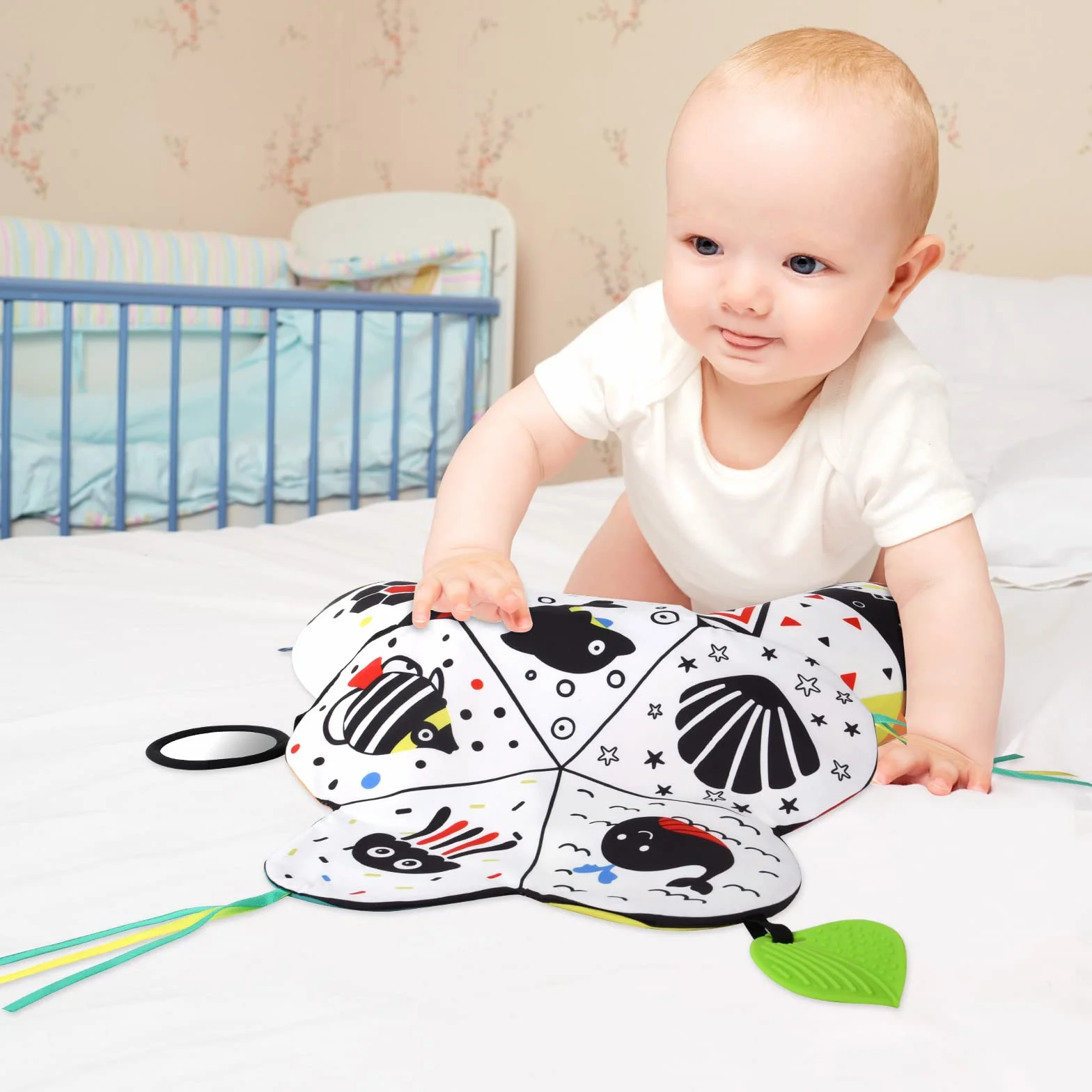 Oreiller pour le Temps du Ventre de Bébé Noir et Blanc à Contraste Élevé avec Support Amovible et Miroir