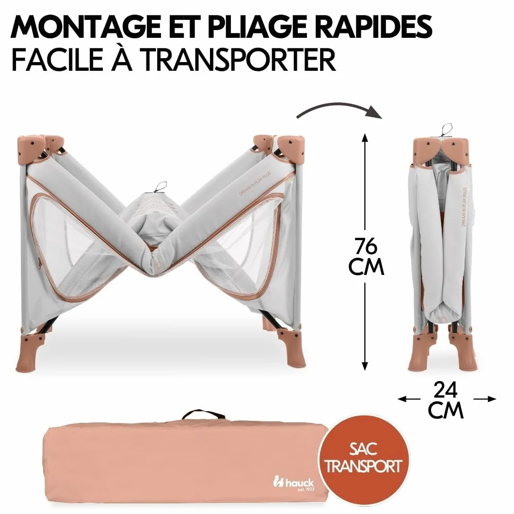 Hauck Dream N Play Plus Lit Parapluie Bébé Pliable avec Matelas, Moustiquaire, Sac de Transport – Dusty Cork