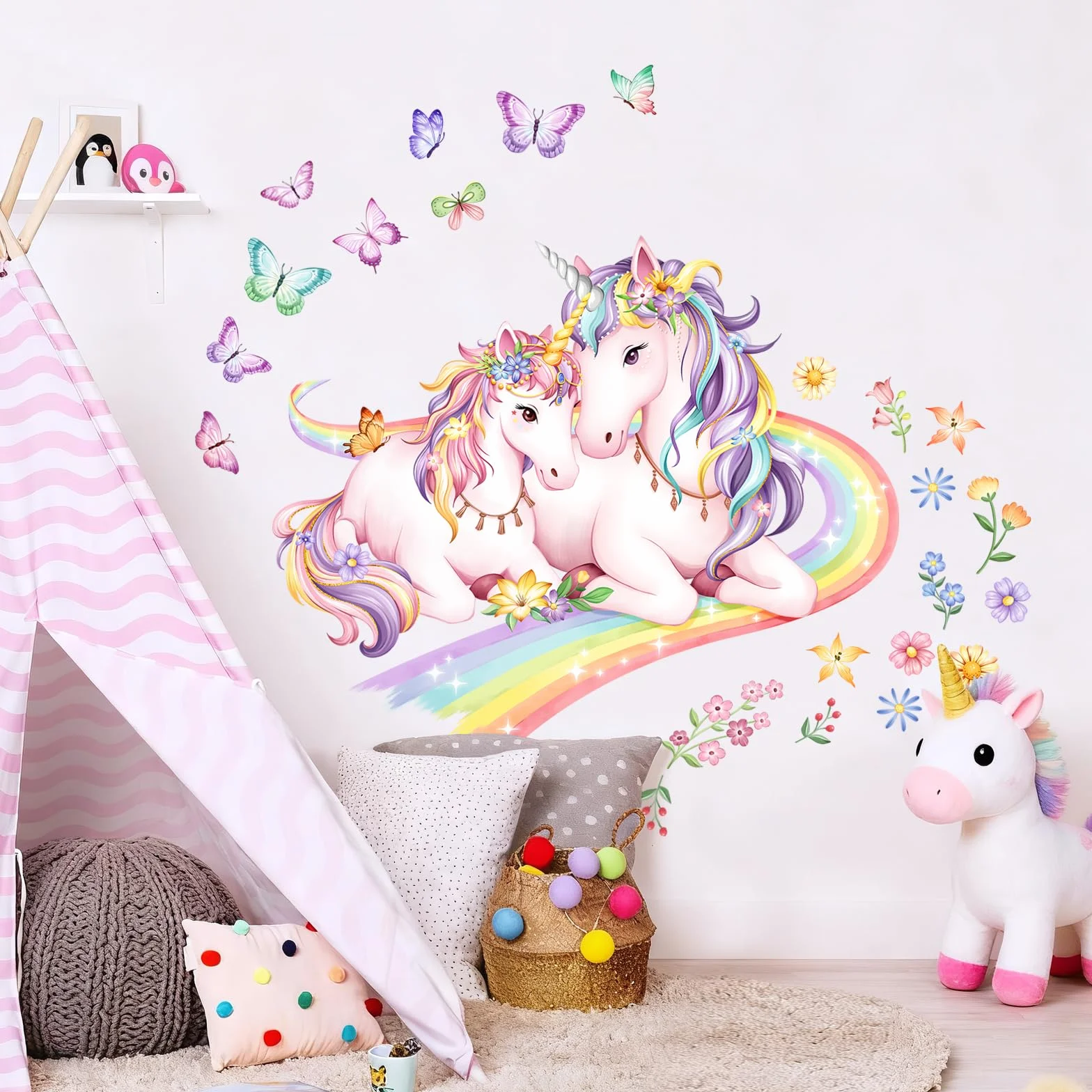 Autocollant Muraux Licorne Arc-en-ciel Fleur Papillons pour Chambre Enfants