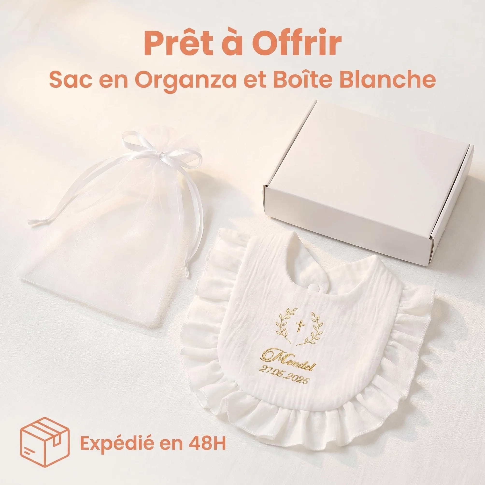 Bavoir Baptême Personnalisé Bébé 100% Coton Doux Broderie Prénom Date Cadeau Coffret