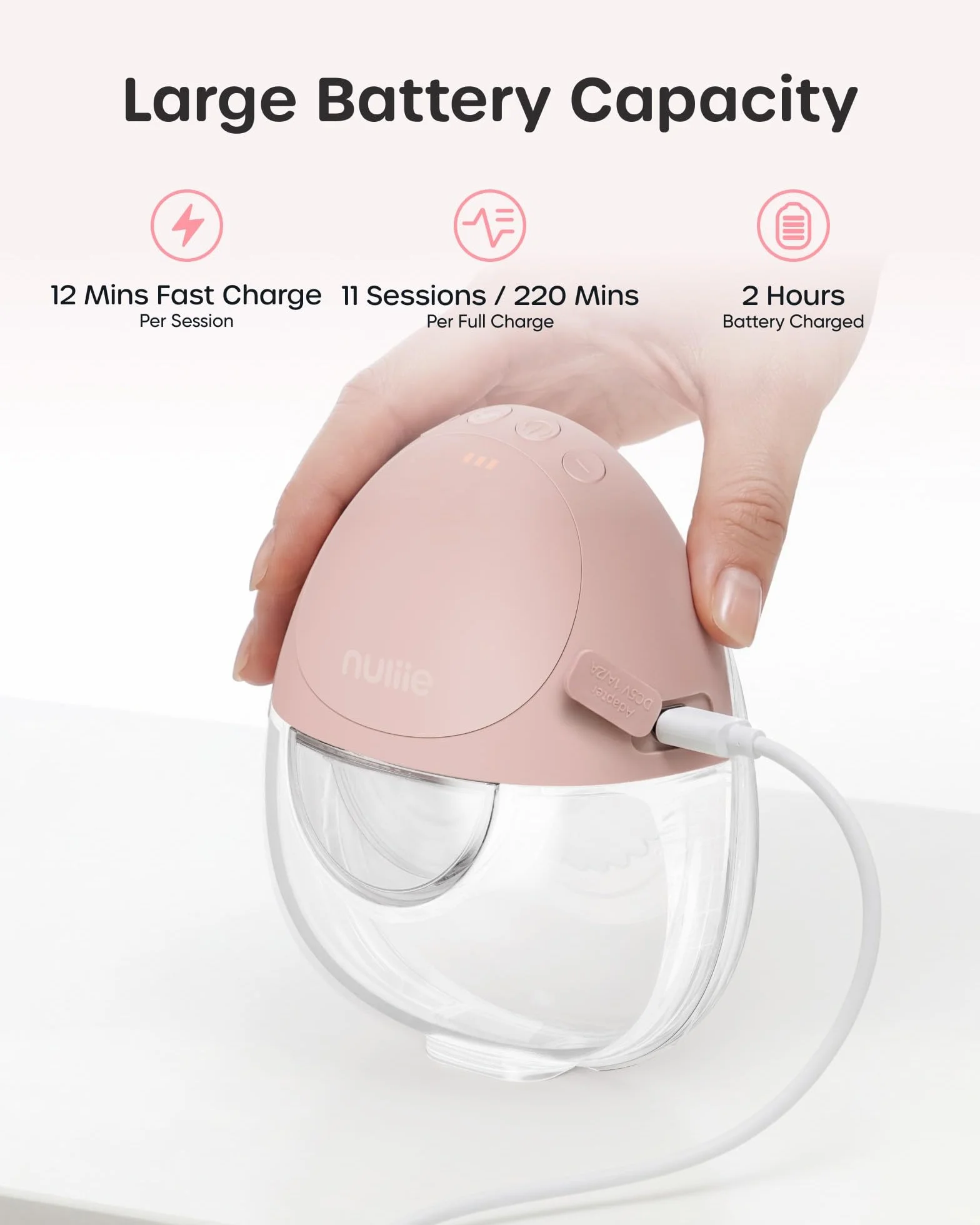 Nuliie JoyFlow Air Tire-lait électrique portable mains libres, 3 modes 12 niveaux, silencieux sans BPA, bride 27 mm, embouts 15/18/21/24 mm, 2 Packs Rose