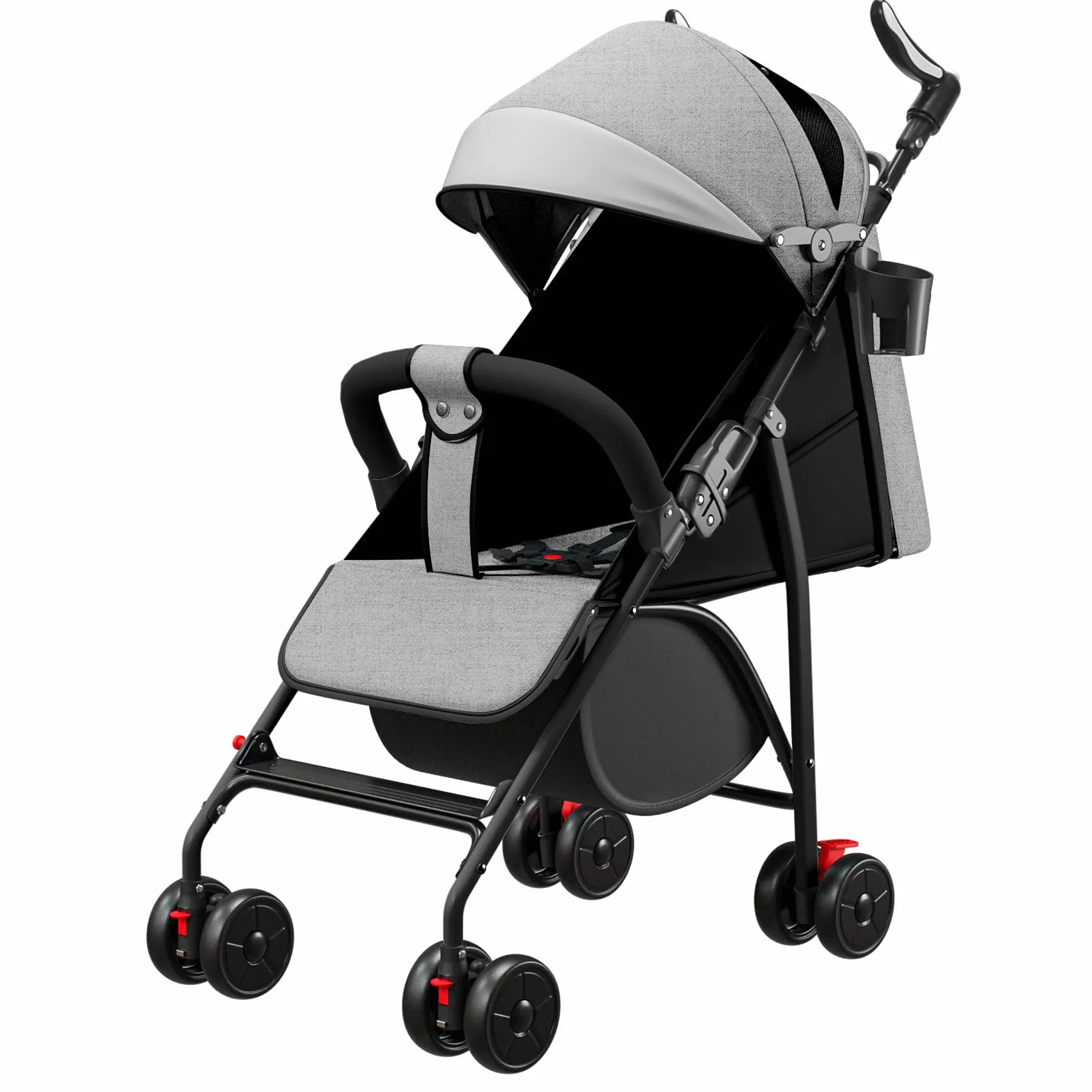 Poussette 4 Roues jusqu'à 25 kg Grande Capote Pliage Compact Dossier Inclinable Guidon Réglable Grandes Roues Tout-A-gris