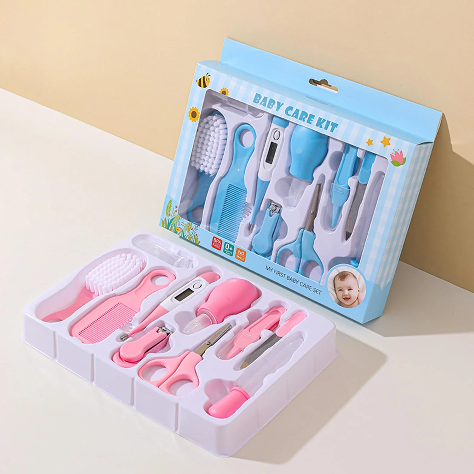 Liemuao Trousse de Soin Bébé Naissance 10 Pièces, Kit Toilettage Bébé avec Thermomètre Digital, Brosse, Peigne, Lime, Mouche Bébé, Rose