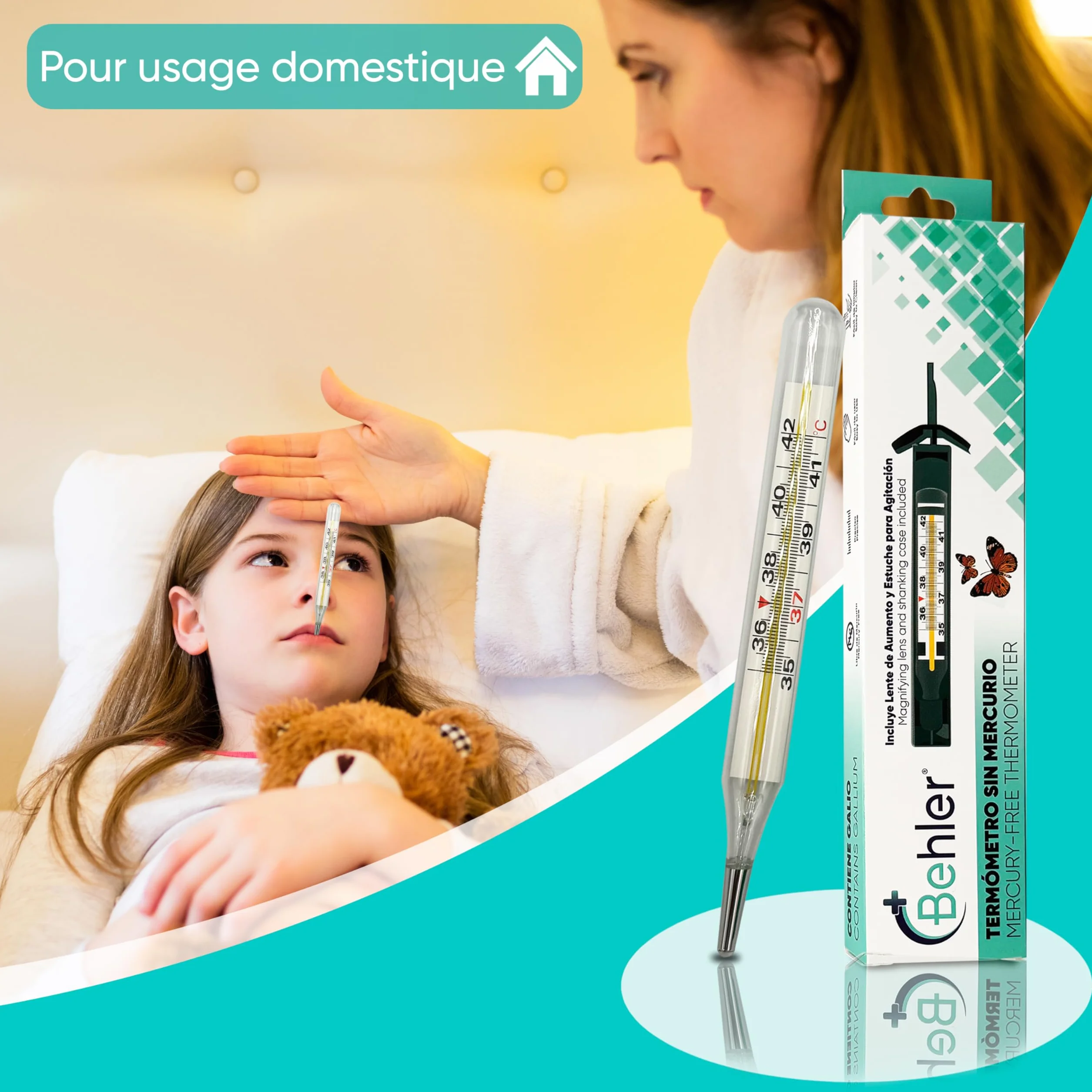 Thermomètre au Gallium Sans Mercure - Précis, Sans Piles - Verre - Usage Médical et Domestique - Inclut Loupe et Étui