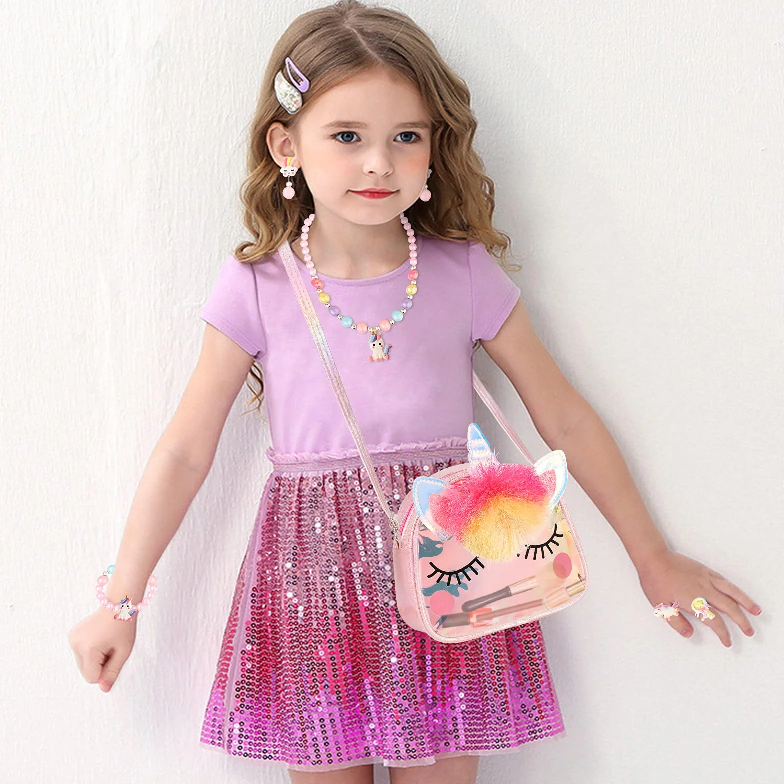 Hifot Licorne Sac à Main Bijoux Enfants Fille, Unicorn Collier Bracelet Boucle d'Oreille Bagues Kit Cadeau Anniversaire