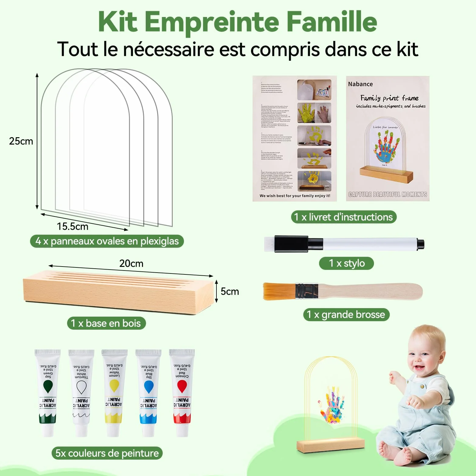 Empreinte Main Famille pour 4, Base en bois avec LED lumière, Cadre Empreintes Bebe Cadeau Fete des Meres