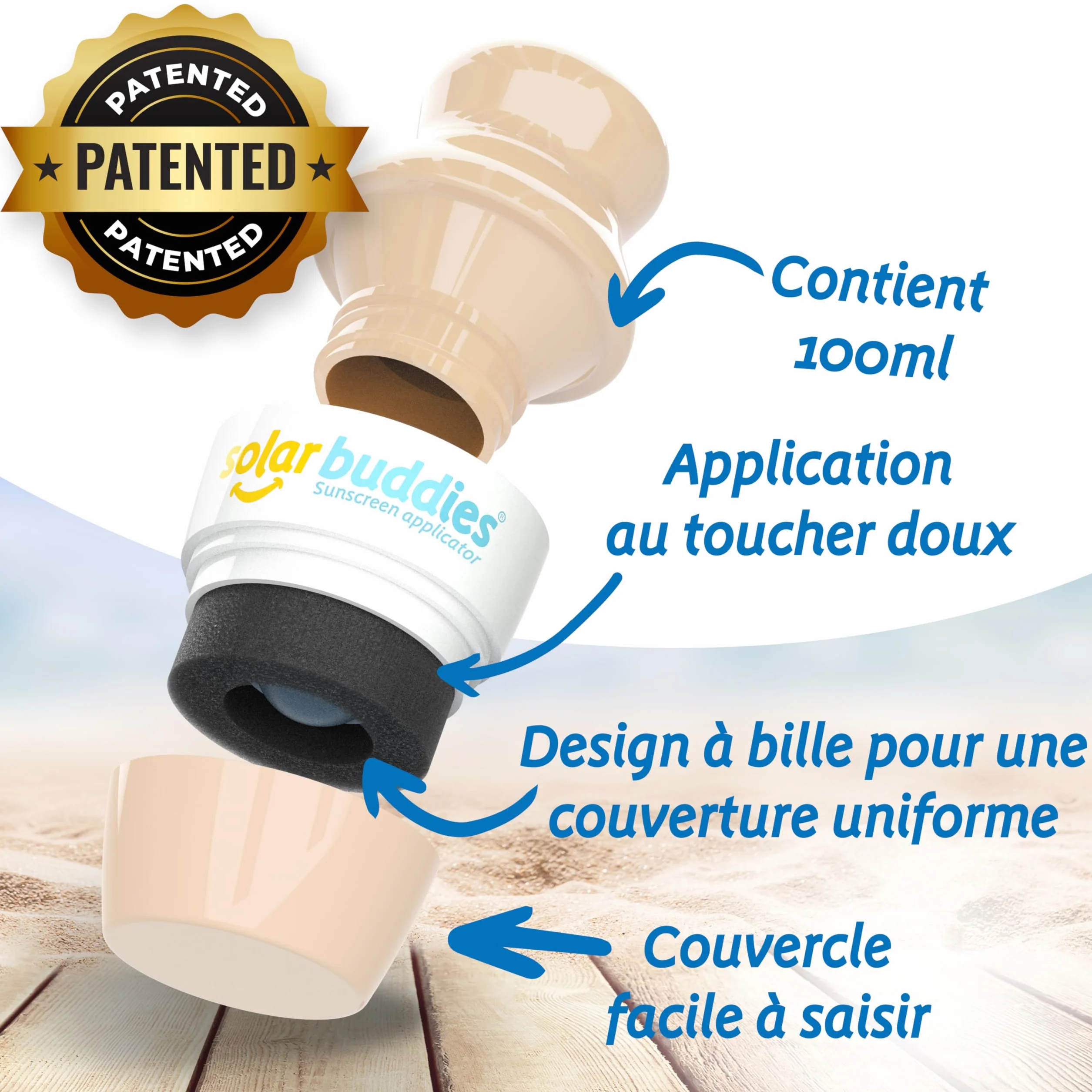 Solar Buddies Applicateur de crème solaire rechargeable à bille avec éponge 100 ml