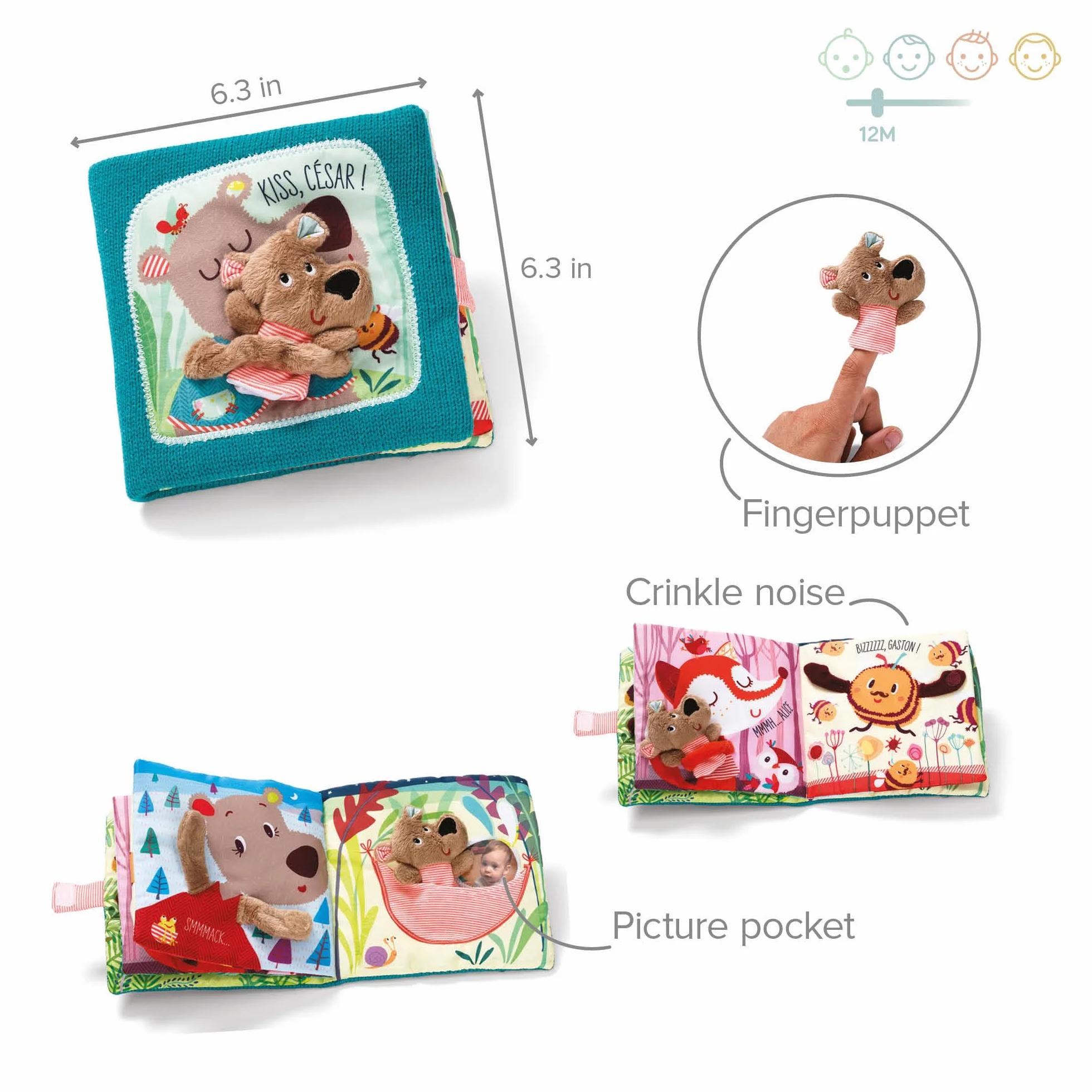 Lilliputiens Livre d’Éveil en Tissu César Câlins avec Marionnette à Doigt pour Bébé Dès 12 Mois