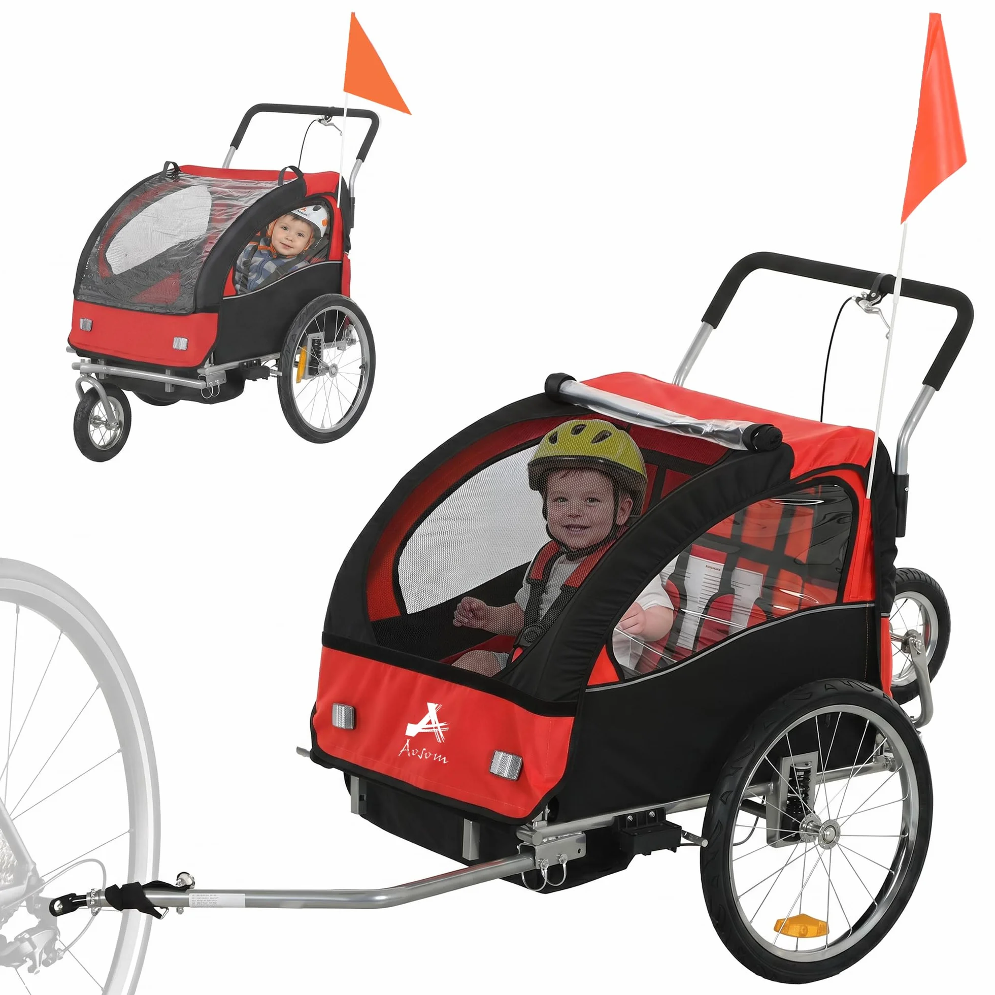 HOMCOM Remorque Velo Enfant 2 en 1 Poussette vélo bébé 2 Places, Ceinture Sécurité 5 Points, Charge 40 Kg