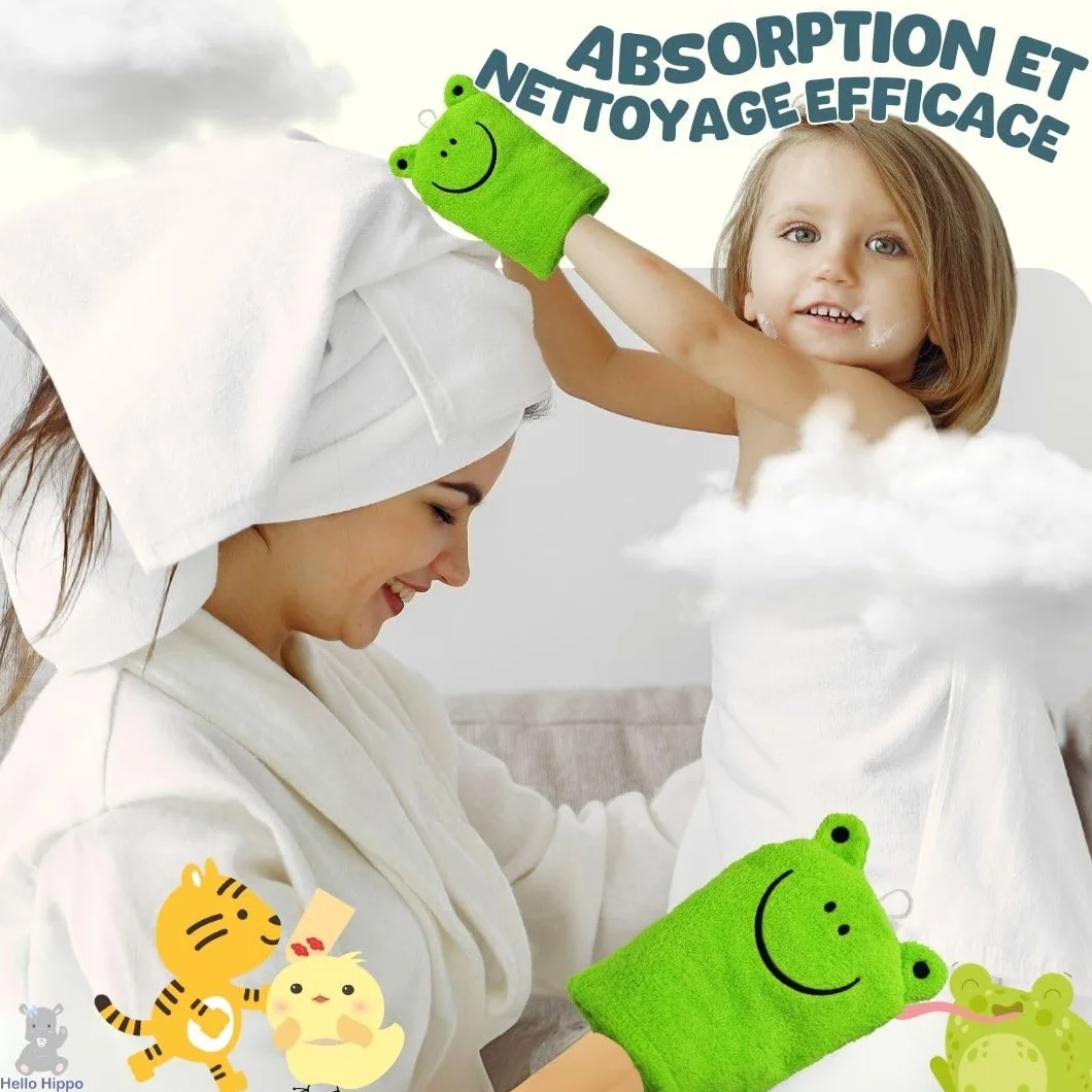 Hello Hippo Lot de 6 Gants de Toilette Bébé & Parents – Gants Douche Coton – Tigre, Grenouille, Poussin – 3 Gants Parents + 3 Enfants – Débarbouillette Lavable