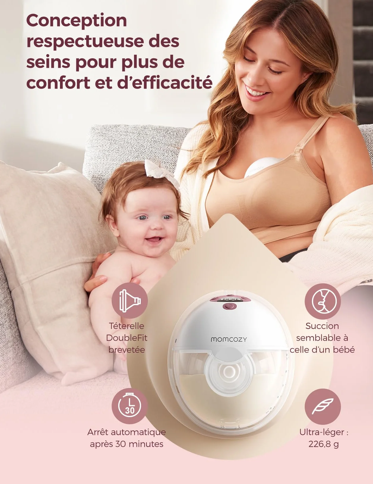 Momcozy M5 Tire-lait Électrique Main Libre, Portable Contrôlé par Application, Sans Fil, 3 Modes 9 Niveaux, Téterelle 24 mm, 2 Pièces