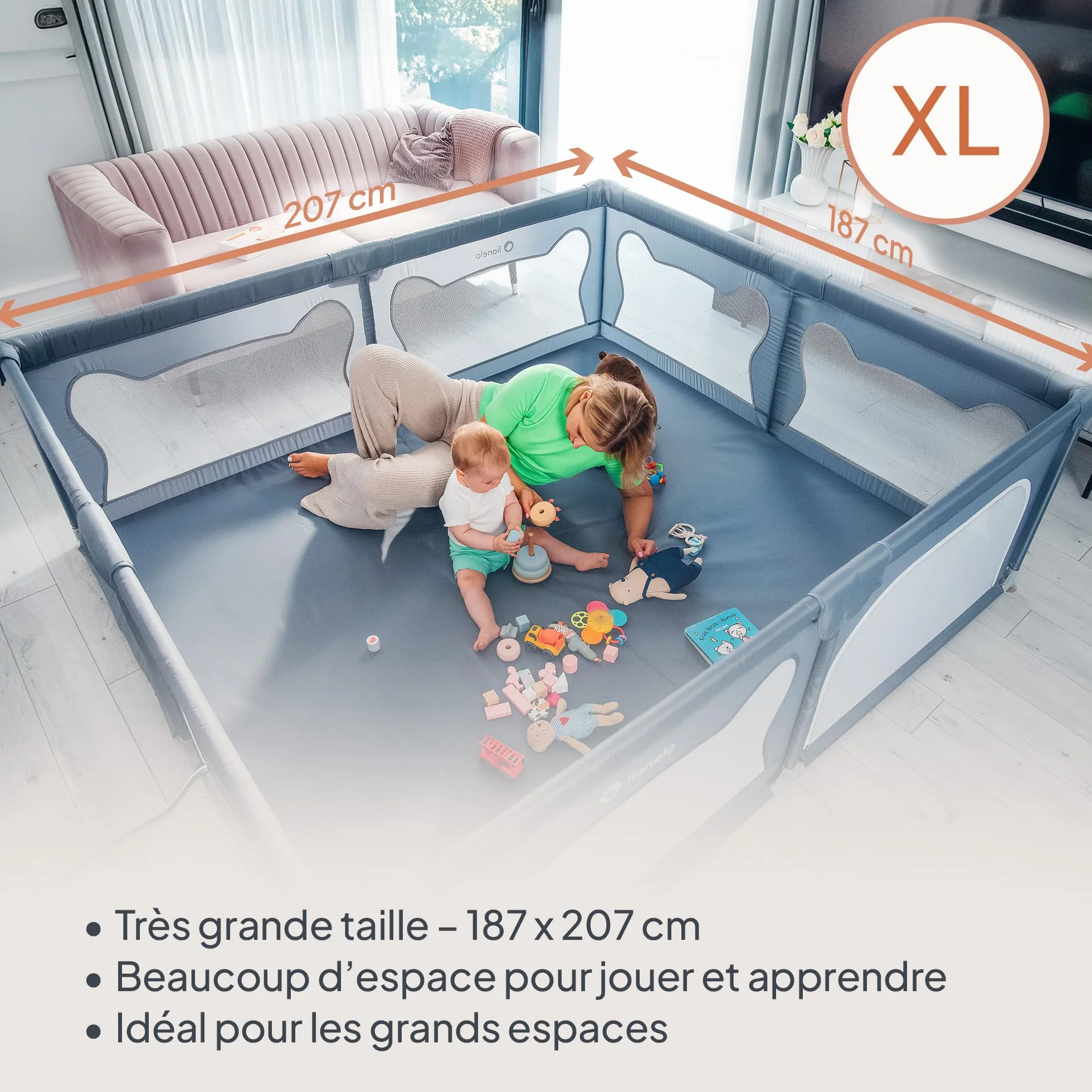 LIONELO WILLOW XL Parc Bébé Pliable 187x207x68 cm 0-48 mois Gris