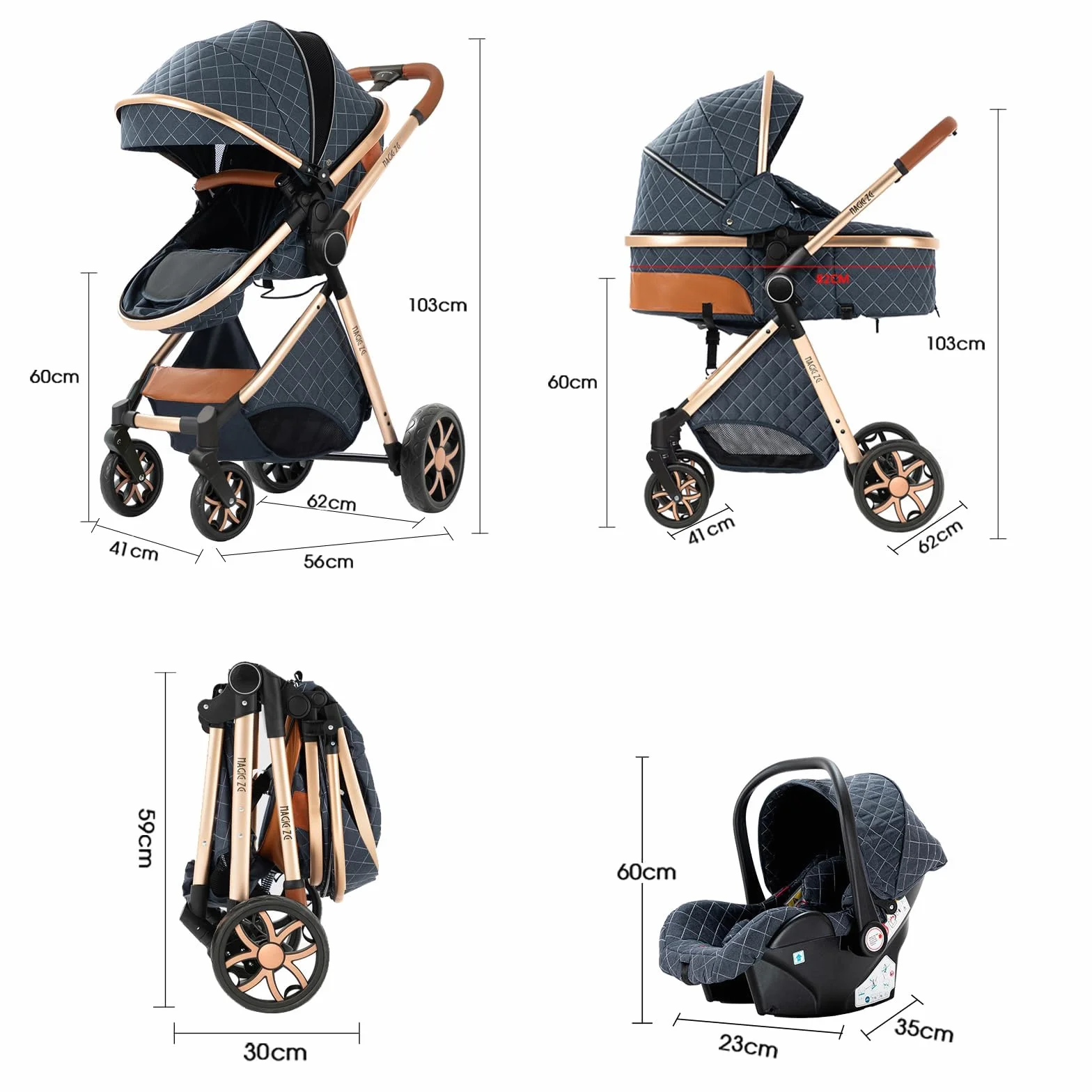 Poussette 3 en 1 Tissus Haut de Gamme Vision Buverte Poussoir Bidirectionnel Avec Cosy V9 Dark Black