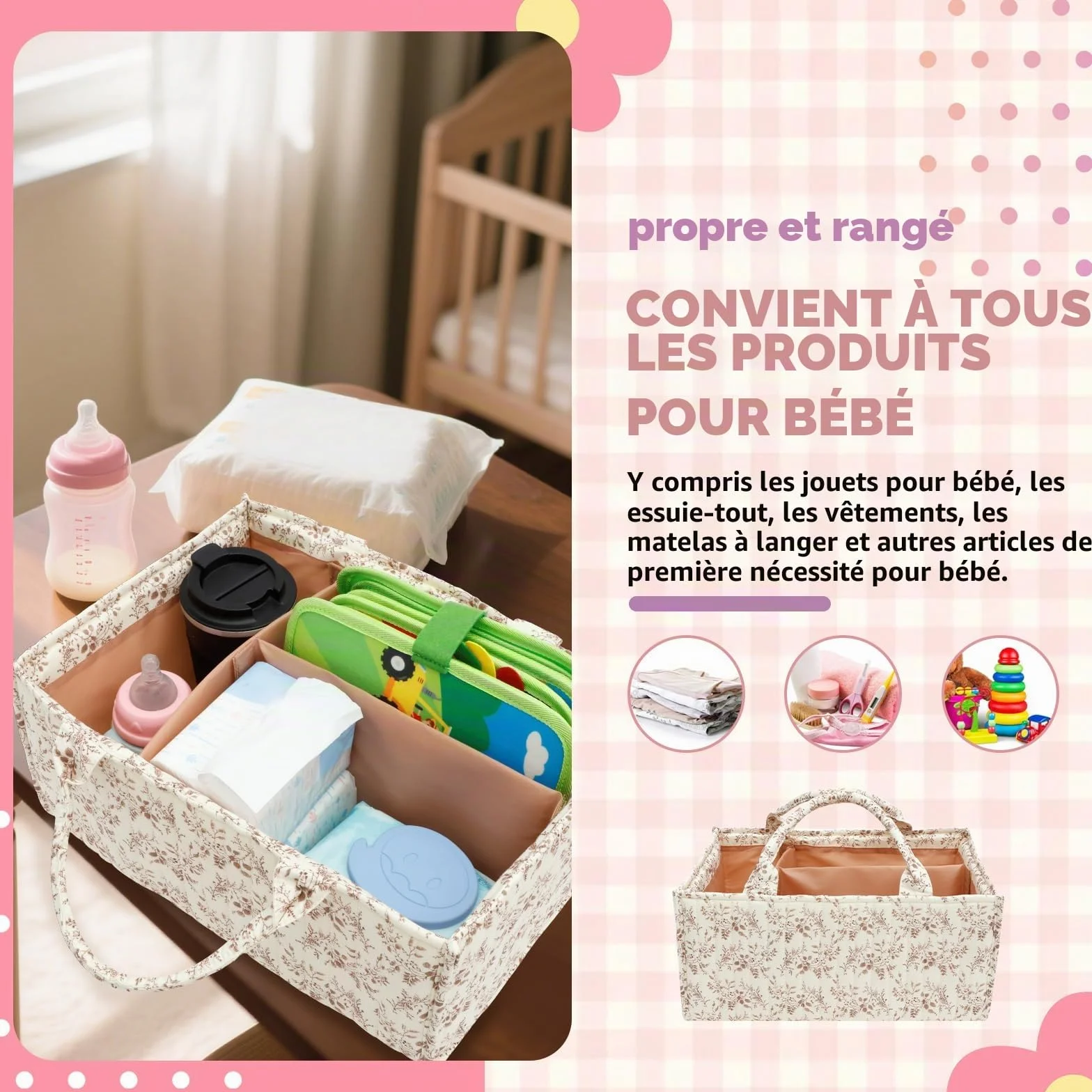 Organisateur de table à langer portable avec cloisons ajustables, organisateur de couches pour nouveau-né