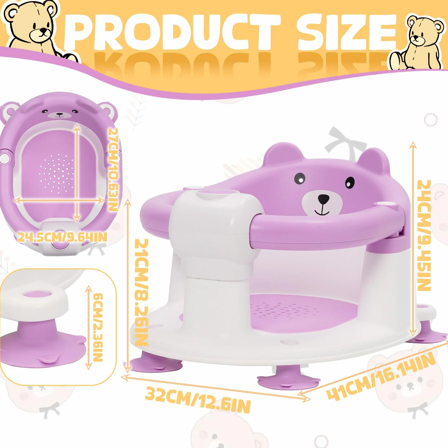 Chaise de Bain pour Bébé 6-24 Mois, Siège de Bain avec Ventouses, Antidérapant Violet