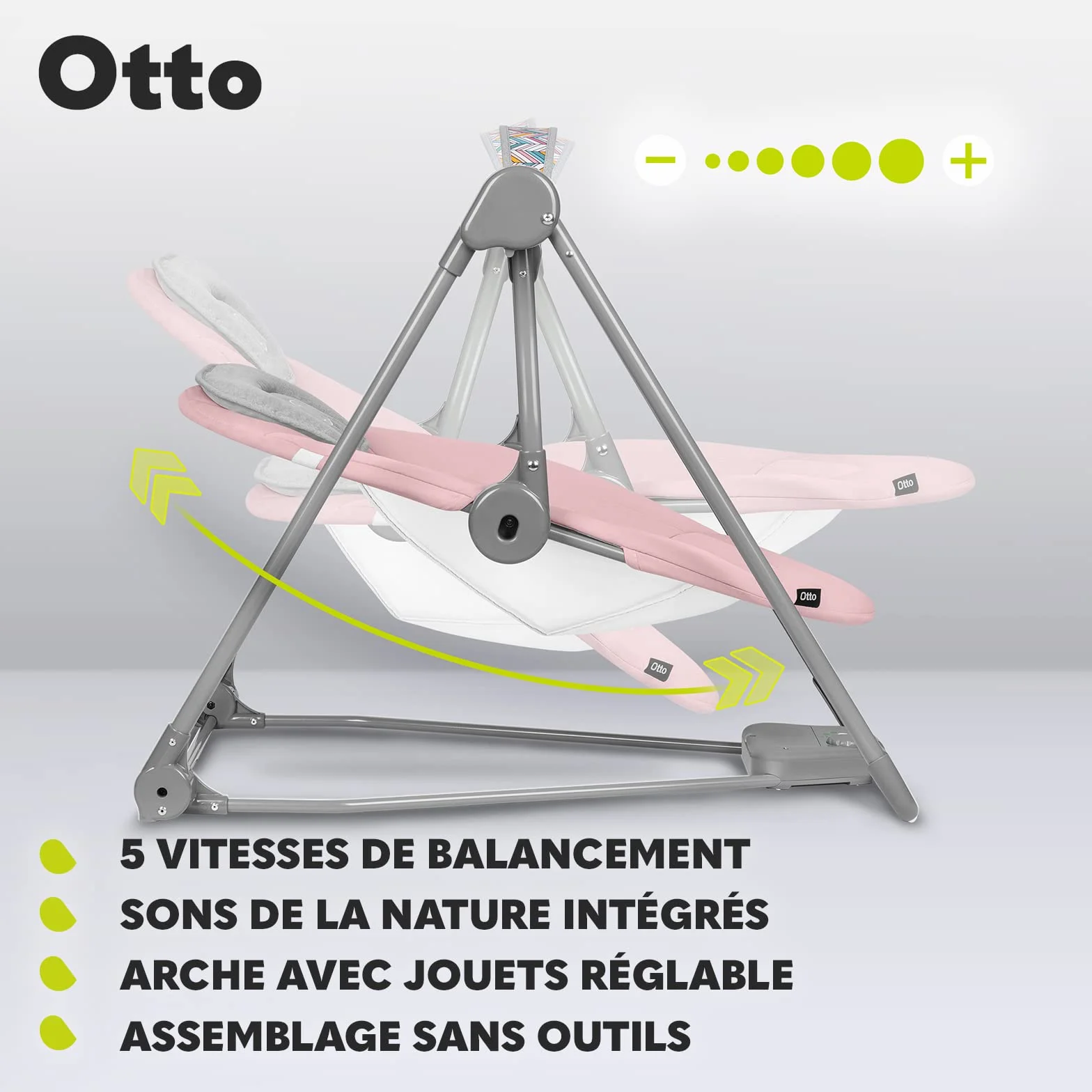 LIONELO Otto Transat Bebe Balancelle jusqu'à 9 kg, Jouets Interactifs, Sons de la Nature, 5 Vitesses de Bercement