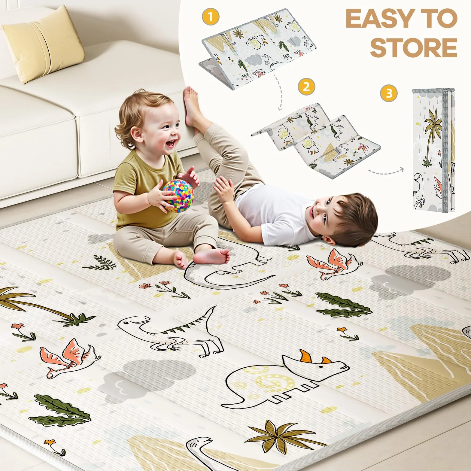 Parc Bébé Beige 120x120cm avec Tapis et Toile Oxford Durable, 2 Poignées Incluses