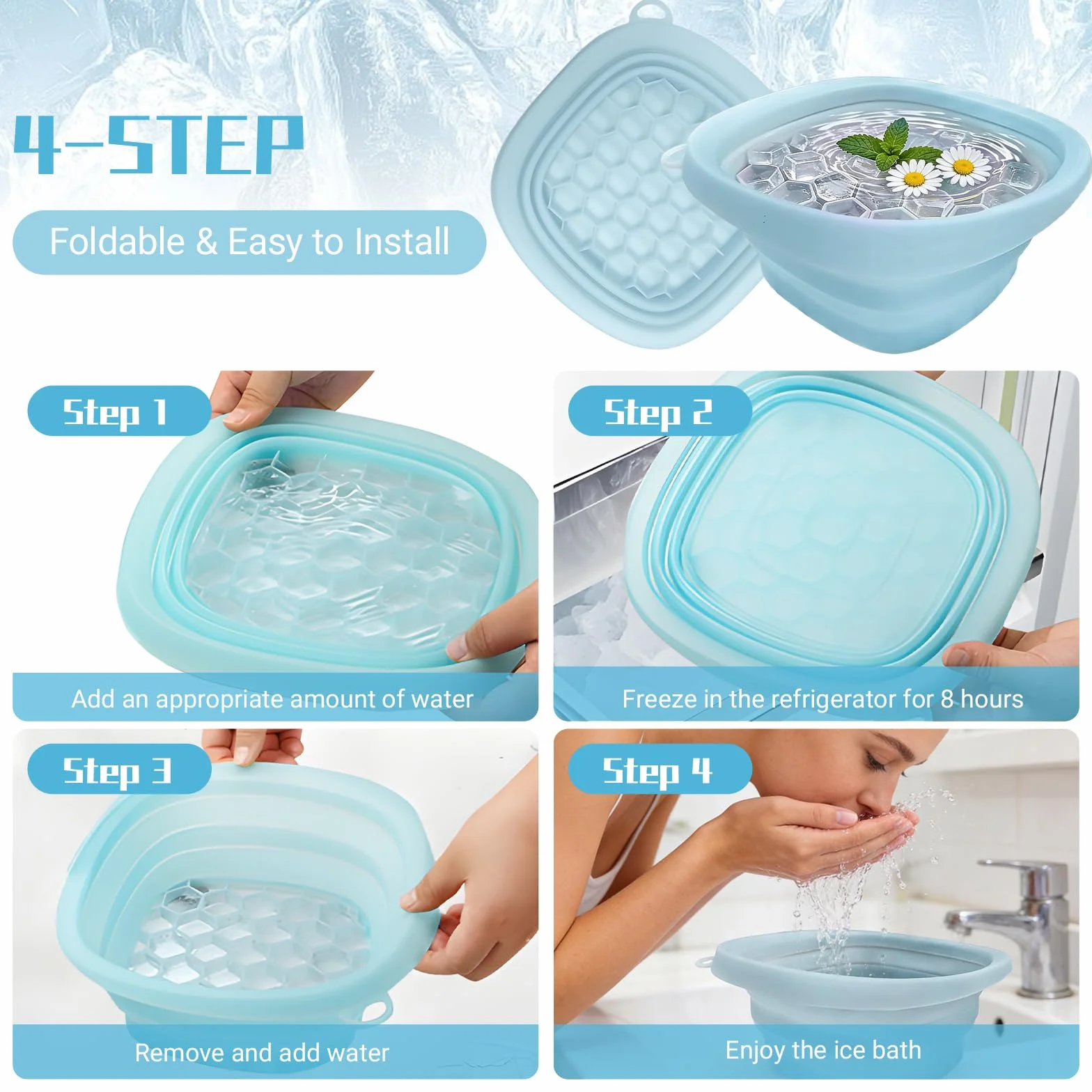 Bol de Bain à Glace en Silicone, Ice Bath Bowl, Voyage et Domicile, Sans BPA, Bleu