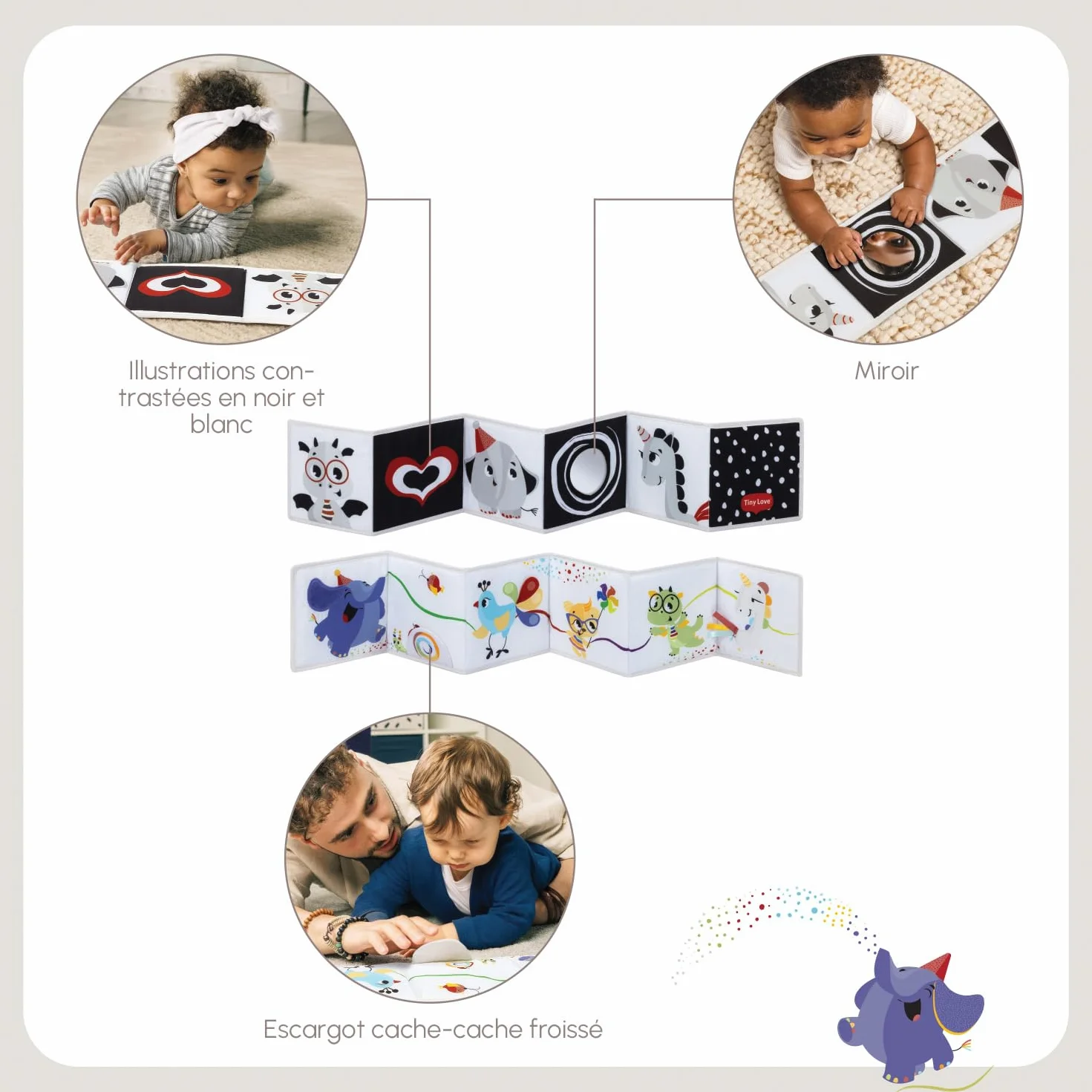 Tiny Love Livre d'éveil Bébé Recto Verso 0 Mois+ Sensoriel Noir et Blanc 7 Activités Ludiques