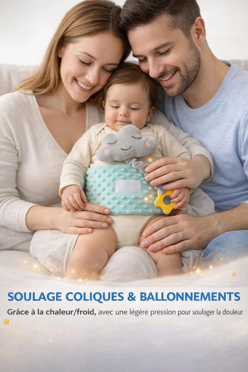 Ceinture bouillotte bébé anti-coliques poche gel chaud/froid doudou musical amovible anneau dentition silicone étoile housse satin Certifiée CE