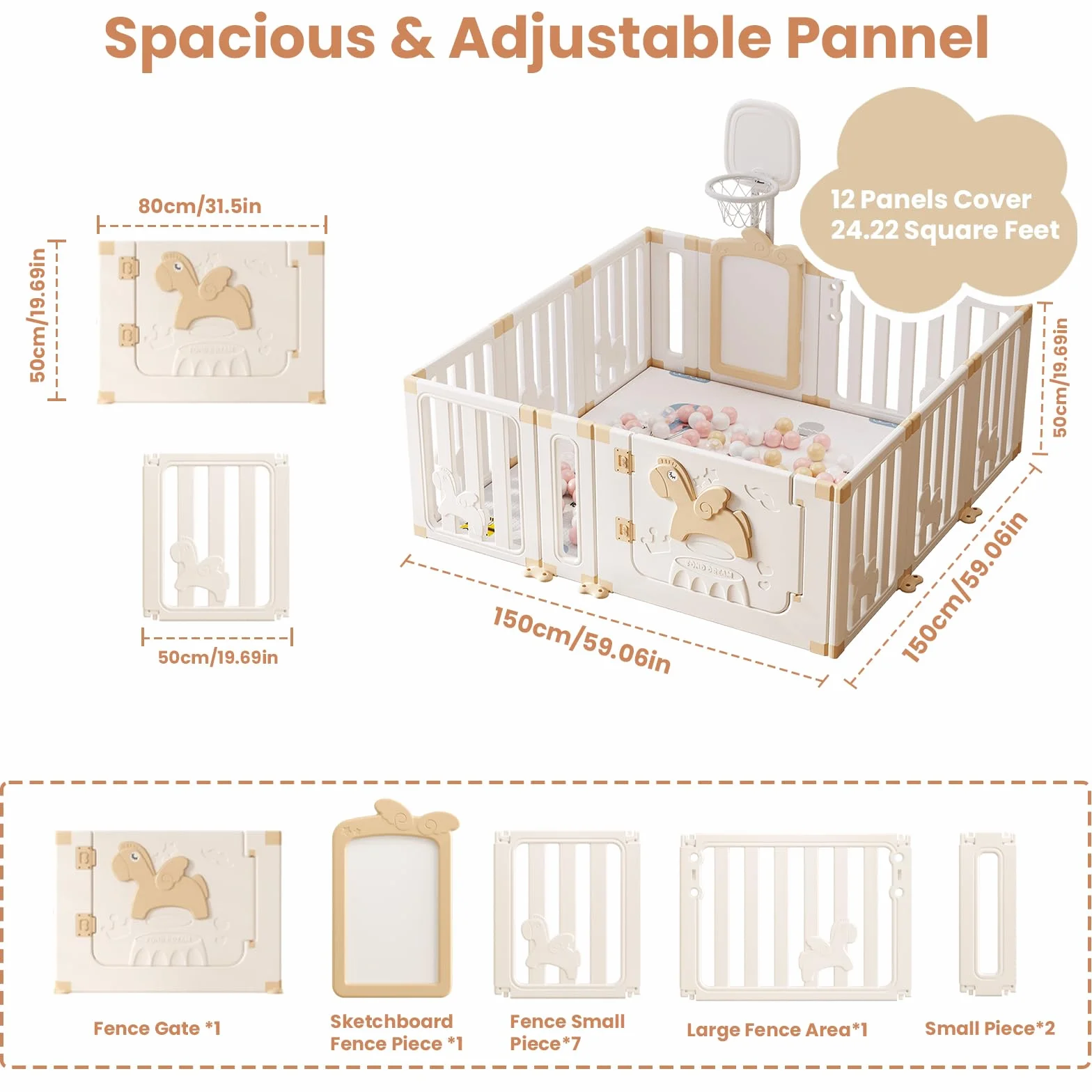 UBRAVOO Parc bébé avec panier de basket, parc de jeu sécurisé Angel Horse, 30 balles, 12 panneaux, kaki
