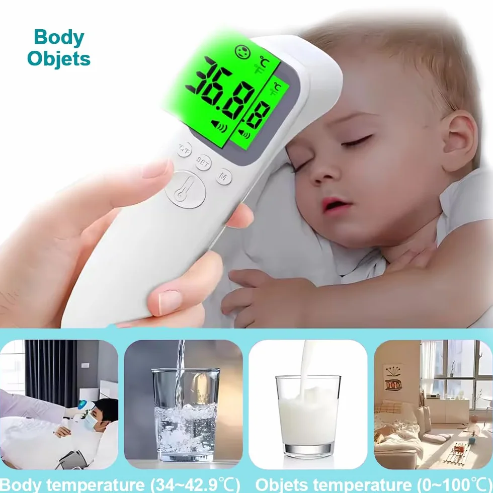 Thermomètre Frontal Sans Contact Numérique 32 Mémoires Écran LCD Rétroéclairé Adulte Enfant Lecture Instantanée 1s