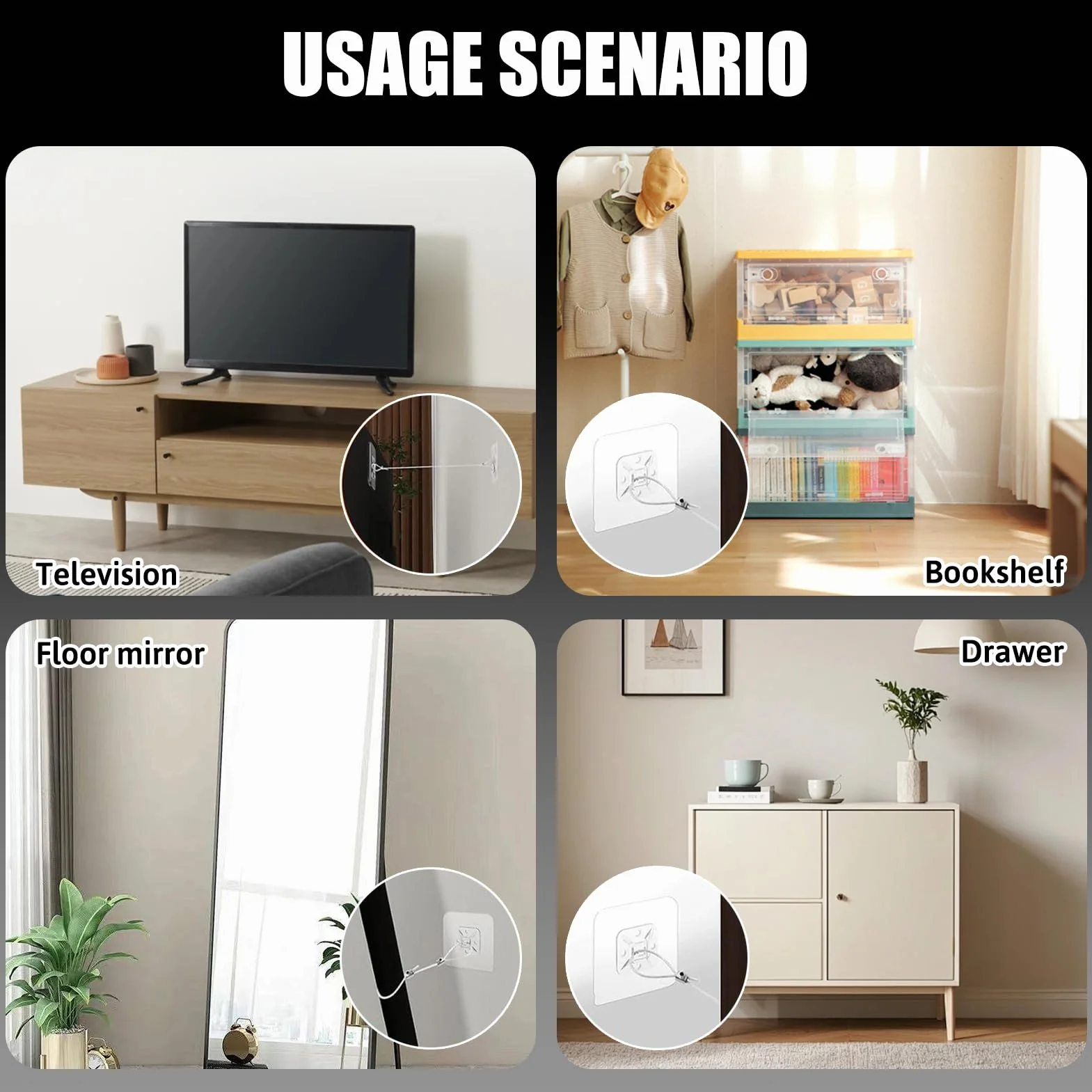 Sangles de Protection Anti-Basculement pour TV Meubles, Fixation sans Percage, Sécurité Réglable Mur/Télévision