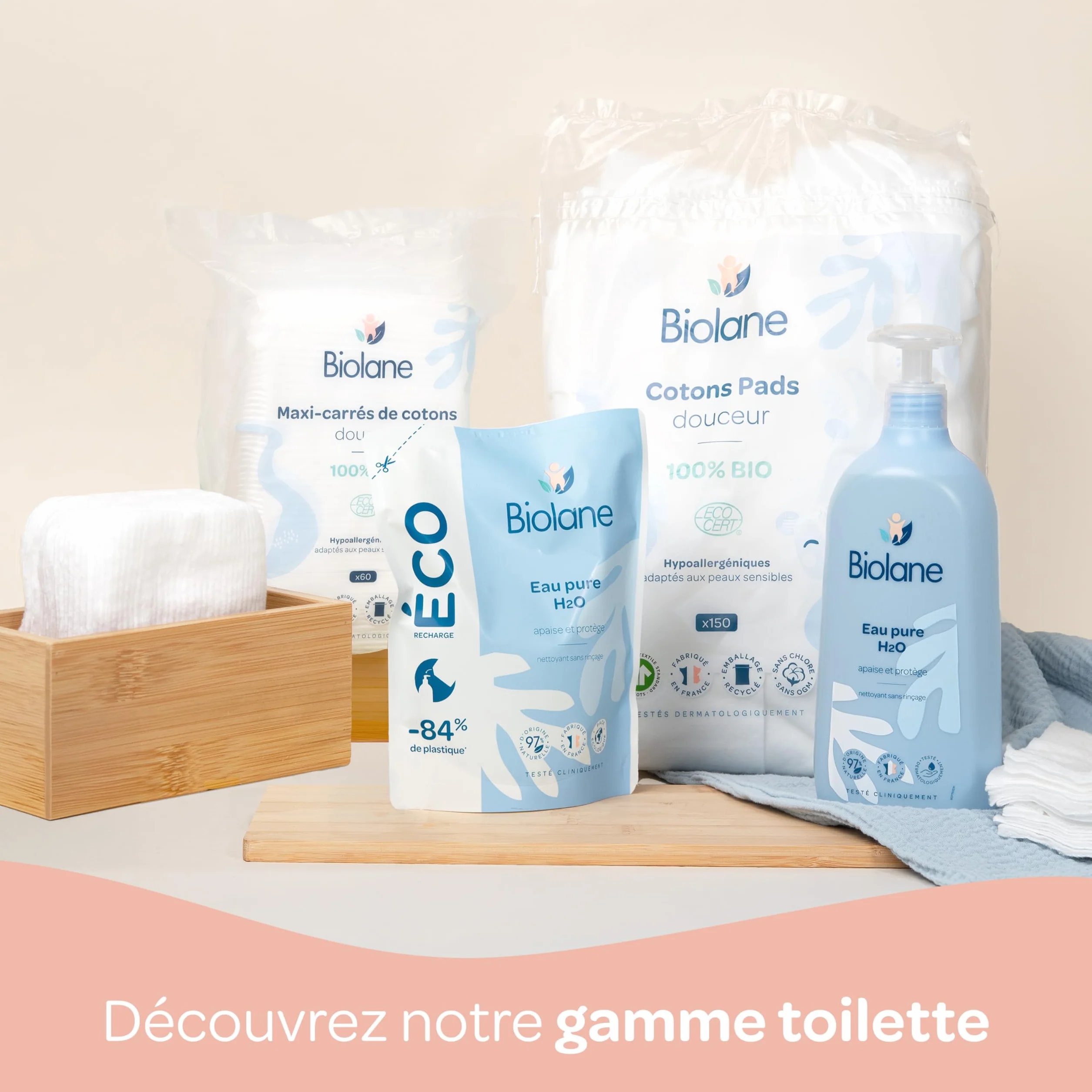 BIOLANE Lot de 4 Flacons Eau Pure H2O Nettoyant Bébé Sans Rinçage 750ml Fabriqué en France