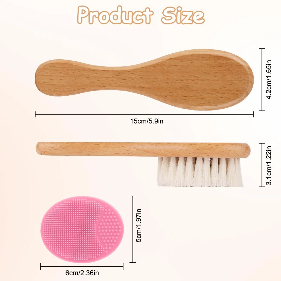 Beugo Brosse Cheveux Bébé 2 Pièce Brosse à Cheveux Poils de Chèvre Silicone Massage Nouveau-né Rose