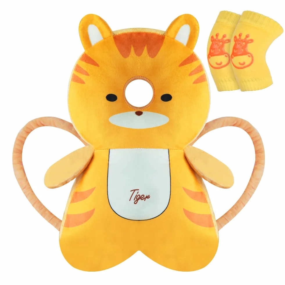 Vicloon Coussin de Protection de la Tête pour Bébé Réglable avec Genouillères, Harnais de Sécurité 4-24 Mois Tigre Orange