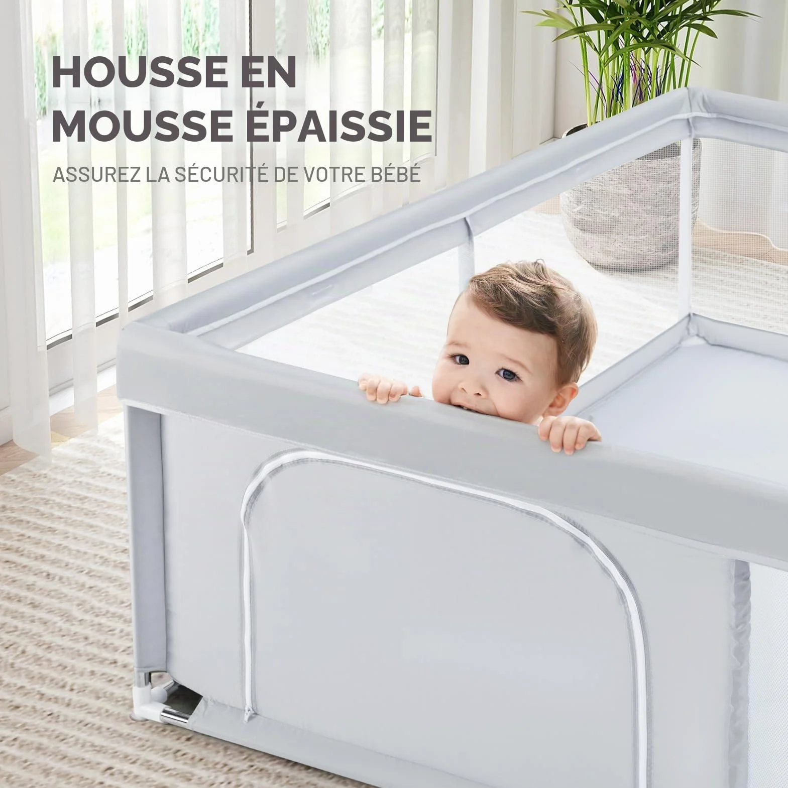 Grand Parc pour Bébé BEJOY XXL 180x200cm Protection Mousse Antidérapant Porte Fermeture Éclair Ronde Maille Respirante