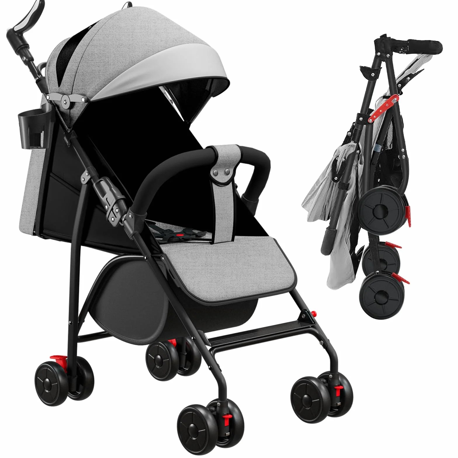 Poussette 4 Roues jusqu'à 25 kg Grande Capote Pliage Compact Dossier Inclinable Guidon Réglable Grandes Roues Tout-A-gris