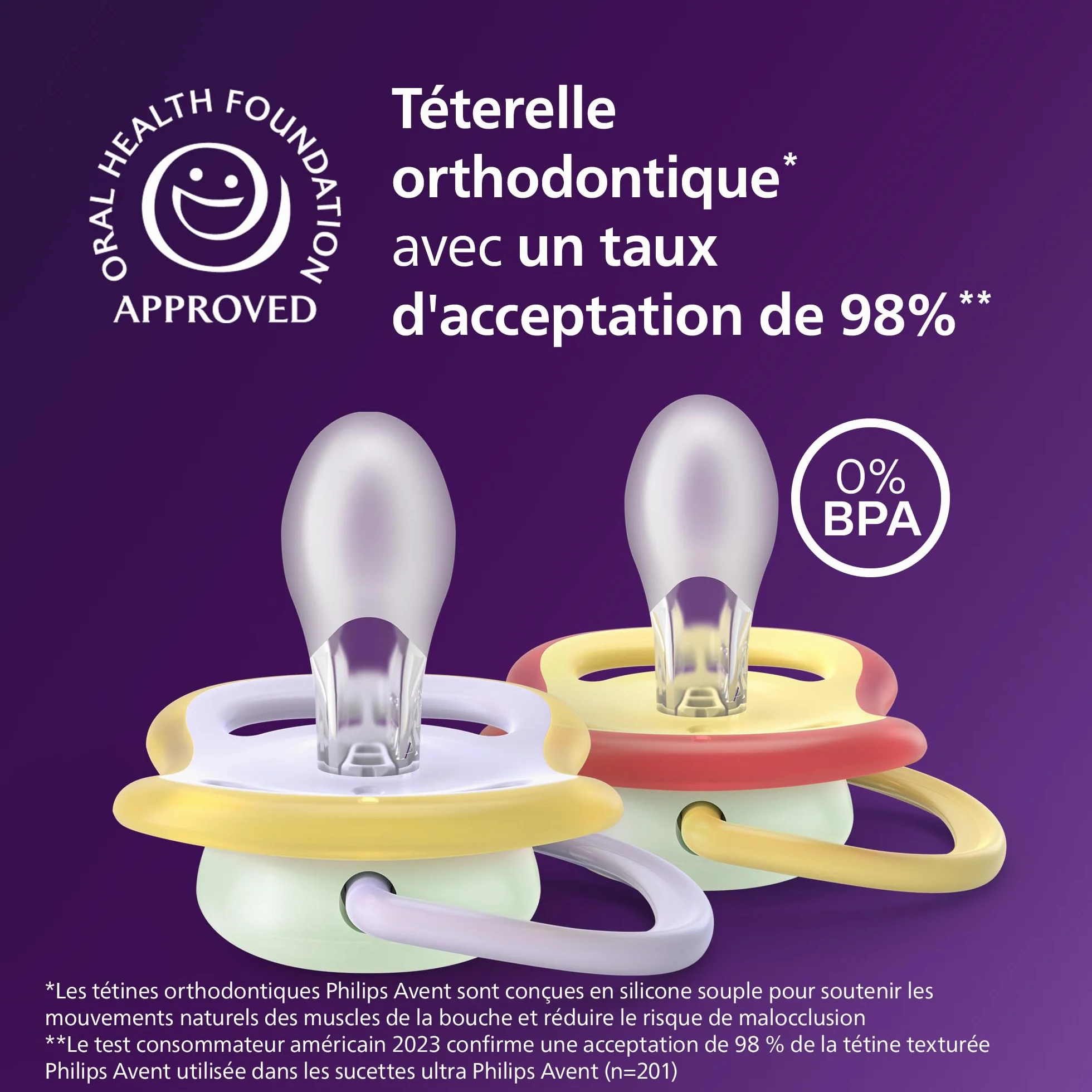 Philips Avent Sucettes de nuit ultra air Tétines orthodontiques bébés 0-6 mois phosphorescentes silicone souple sans BPA lot de 2