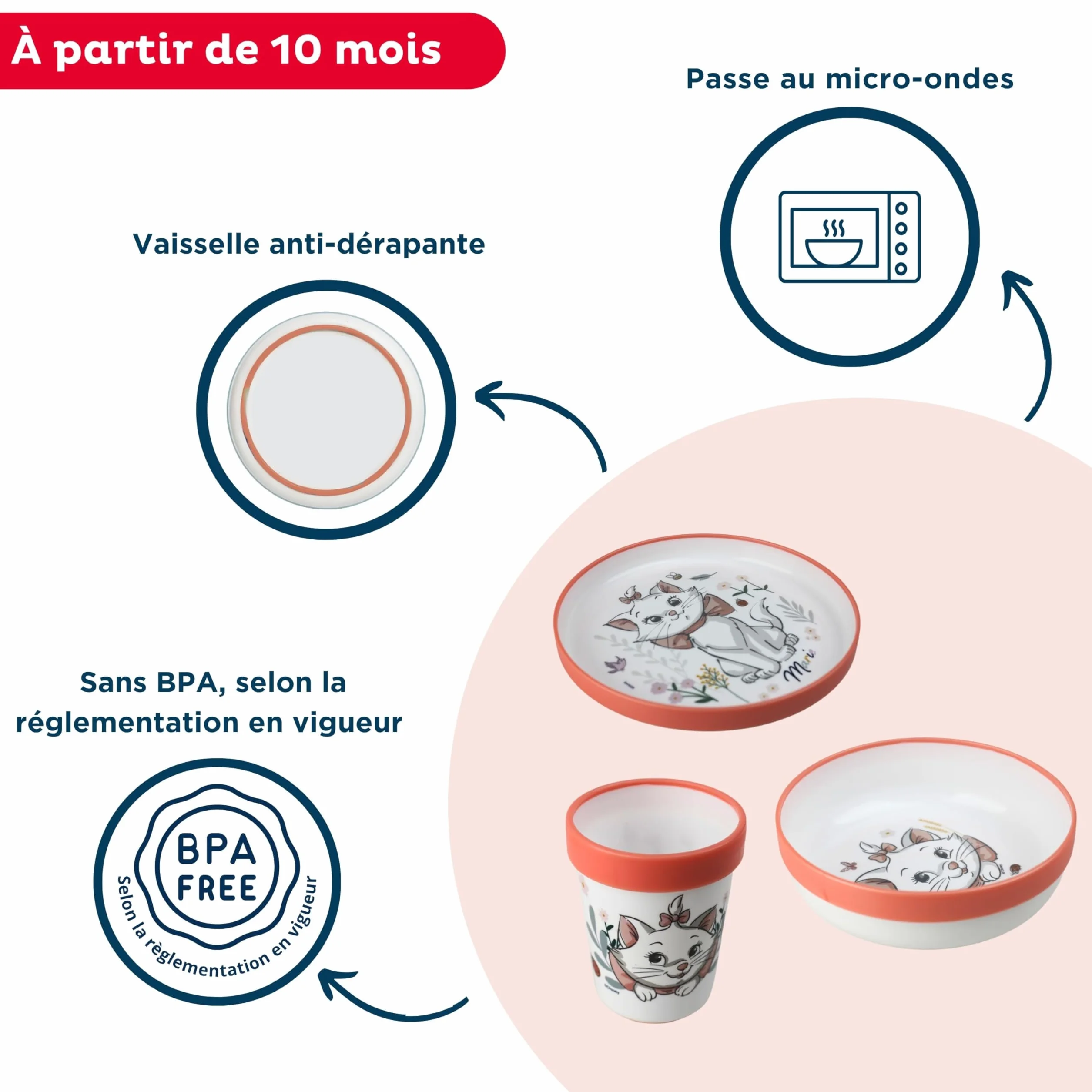 Disney Baby Aristochats Marie Coffret Repas 3 Pièces Bol Assiette Gobelet Anti-Dérapants Blanc