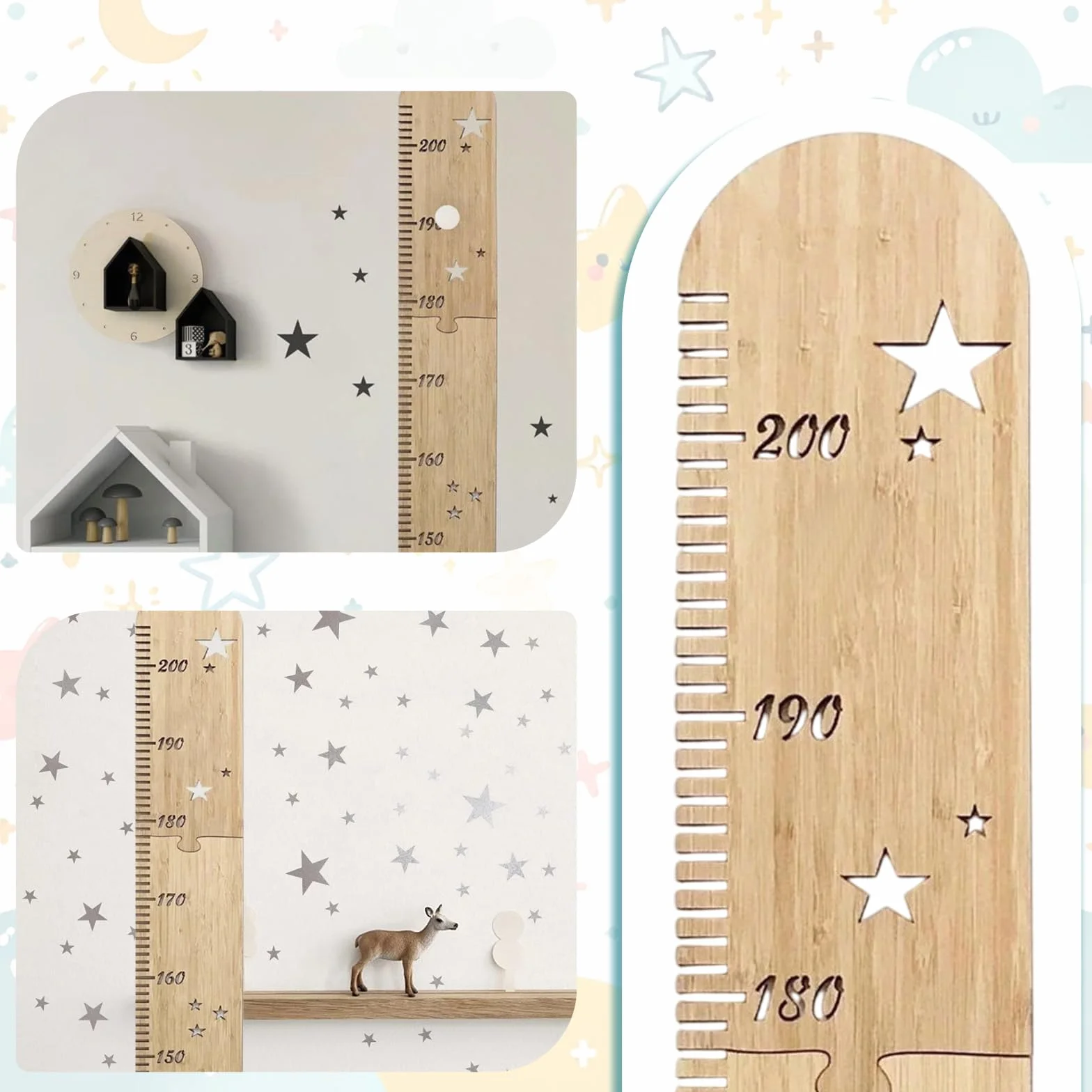 Toise Murale en Bois pour Enfants, Règle à Mesurer Amovible Décoration Murale Bébé