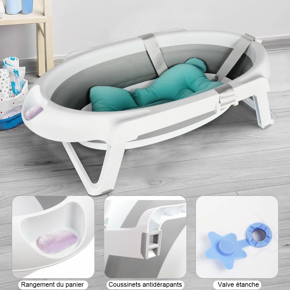 Baignoire Bébé Pliable XXL 2 en 1 sur Pied avec Support, Coussin, Drainage pour Nouveau-nés et Tout-petits (Gris)
