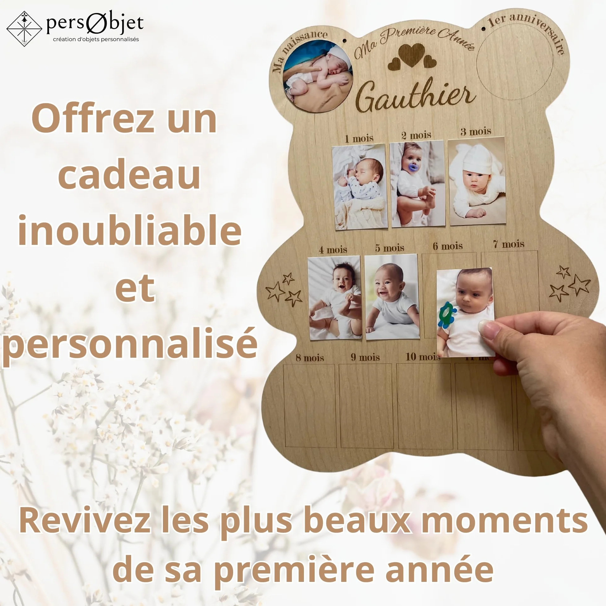 Cadre Photos Pêle-Mêle Ours en Bois Personnalisé - Souvenirs Première Année Bébé - Cadeau Naissance Baptême Décoration Chambre Enfant