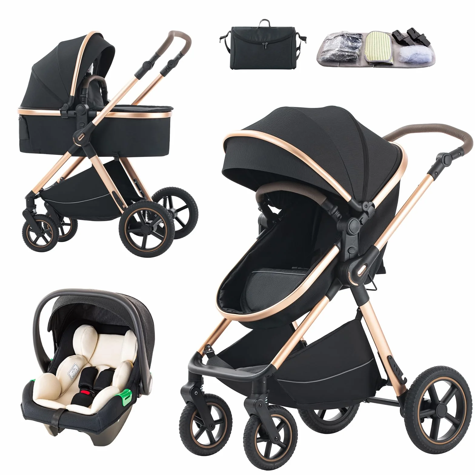 Poussette 3 en 1 avec porte-bébé 0 à 4 Ans jusqu'à 22 kg Pliable Noir