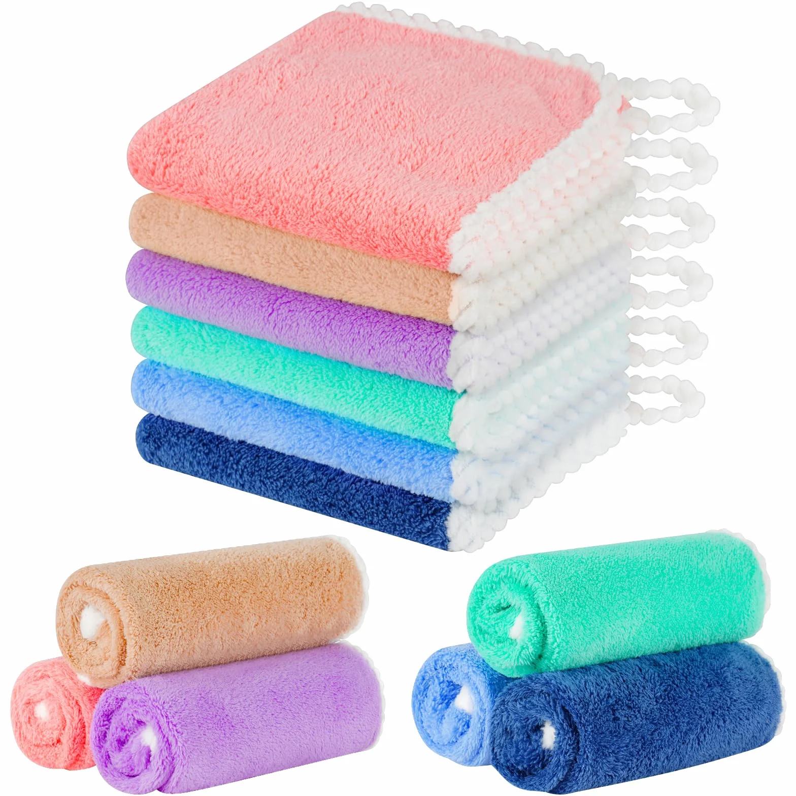 Aolso Serviette de Visage Bebe 6 Pièces Gants de Toilette en Flanelle Coton Bio Lavables Réutilisables