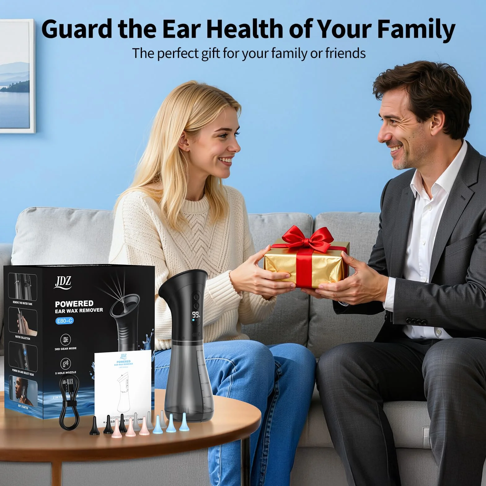 Nettoyeur Oreille Rechargeable IPX7 Étanche Double Réservoir 3 Modes 12 Embouts Auriculaires