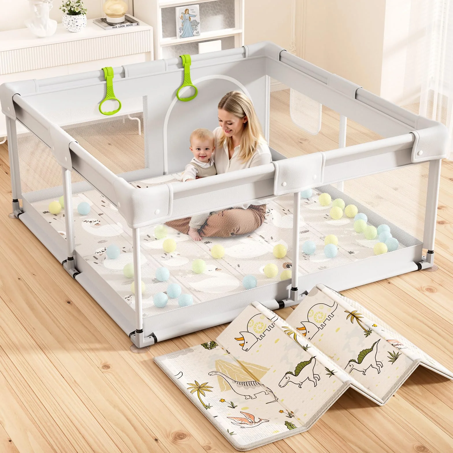 Parc bébé avec matelas 120 x 120 cm, filet respirant 4 côtés et ventouses