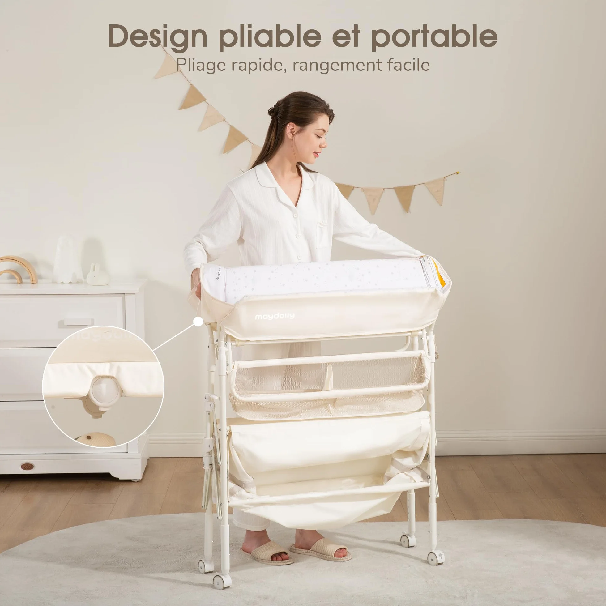 Maydolly Table à Langer Bébé Pliante Roulettes Hauteur Réglable Plan Mobile Matelas Imperméable Rangement Beige