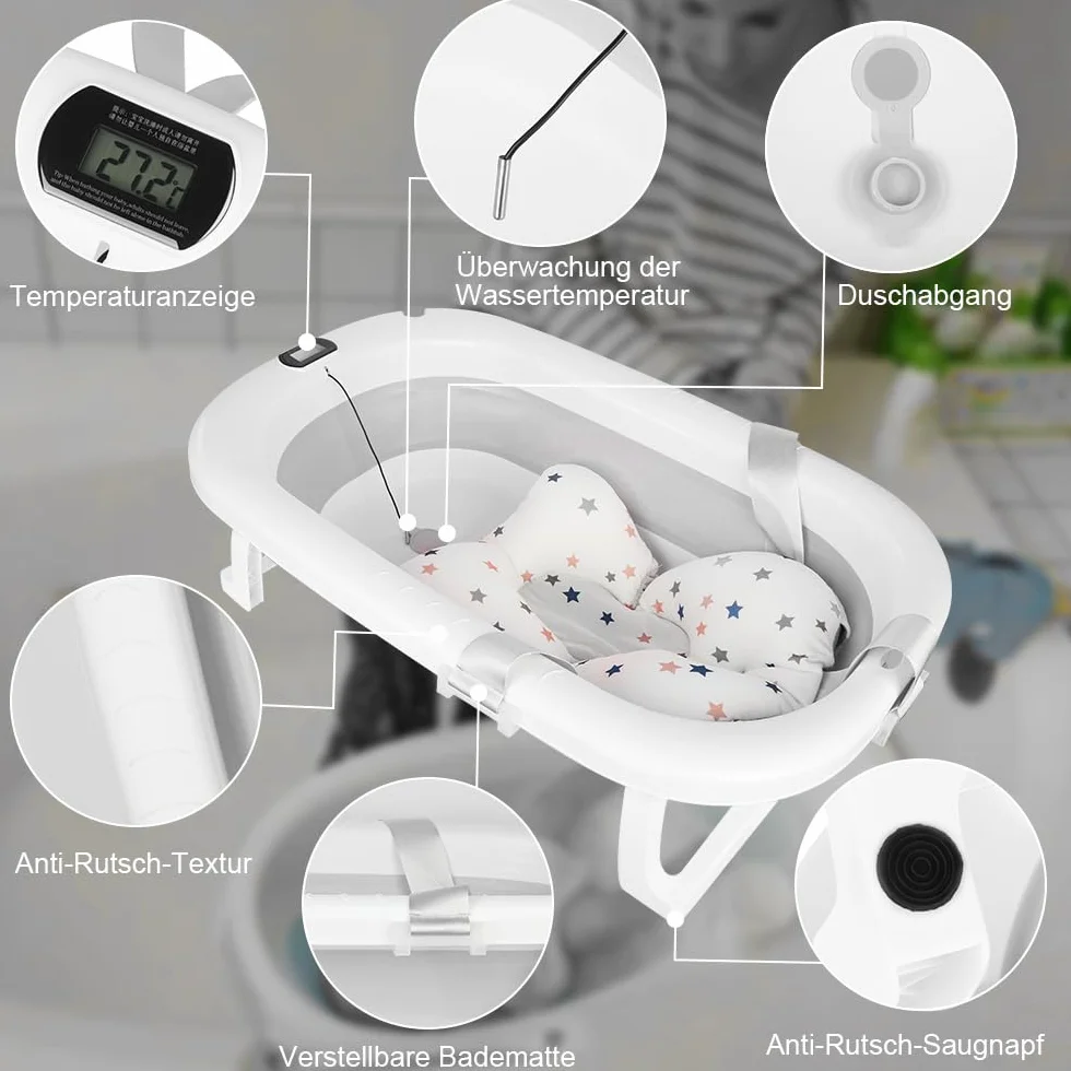Baignoire pour bébé pliable XXL avec coussin antidérapant et thermomètre